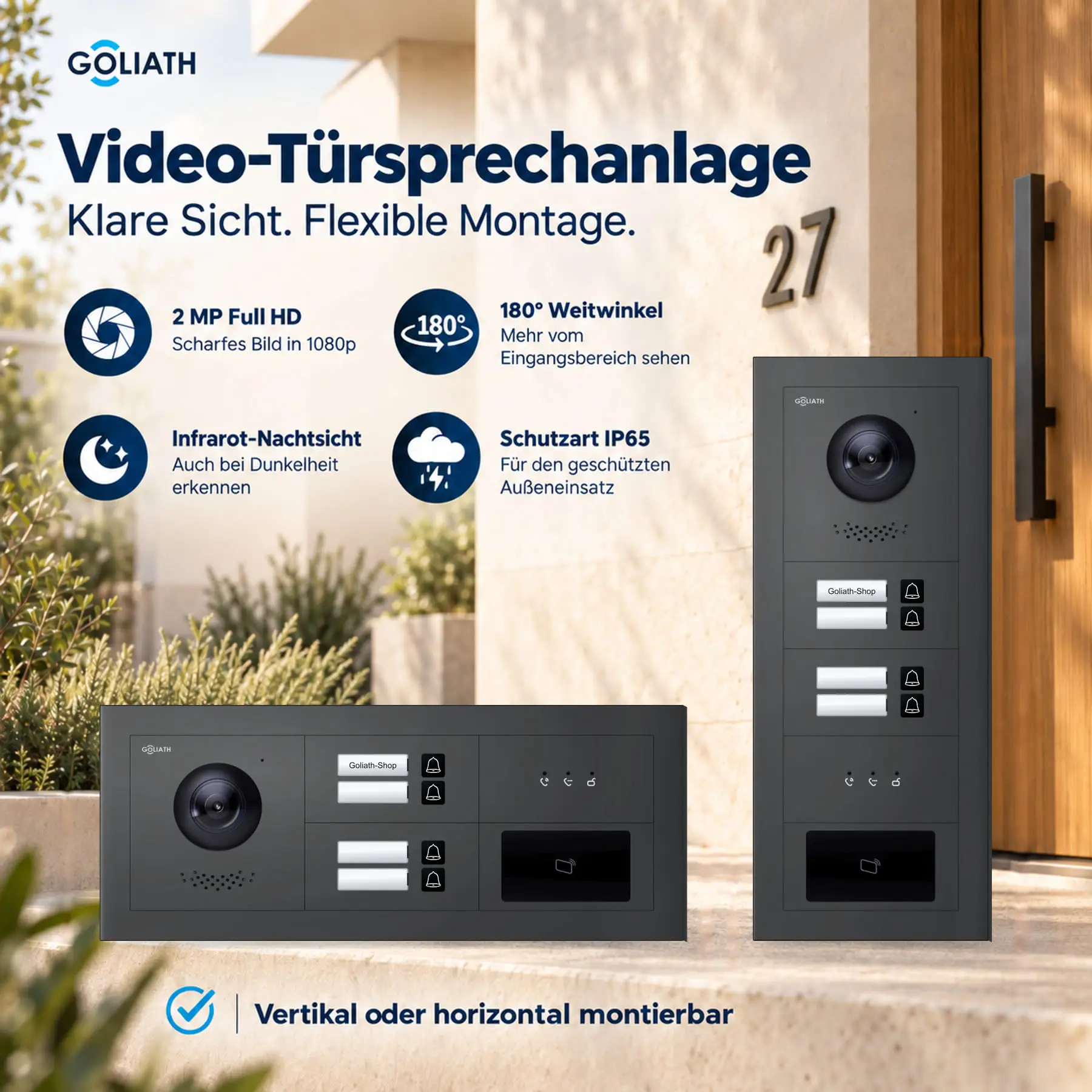 Goliath Premium-Line-Außenstation in Anthrazit mit Kamera, 4 Klingeltasten, RFID-Leser und Feedback-Anzeige. Senkrechte und waagerechte Anordnung auf Naturstein.