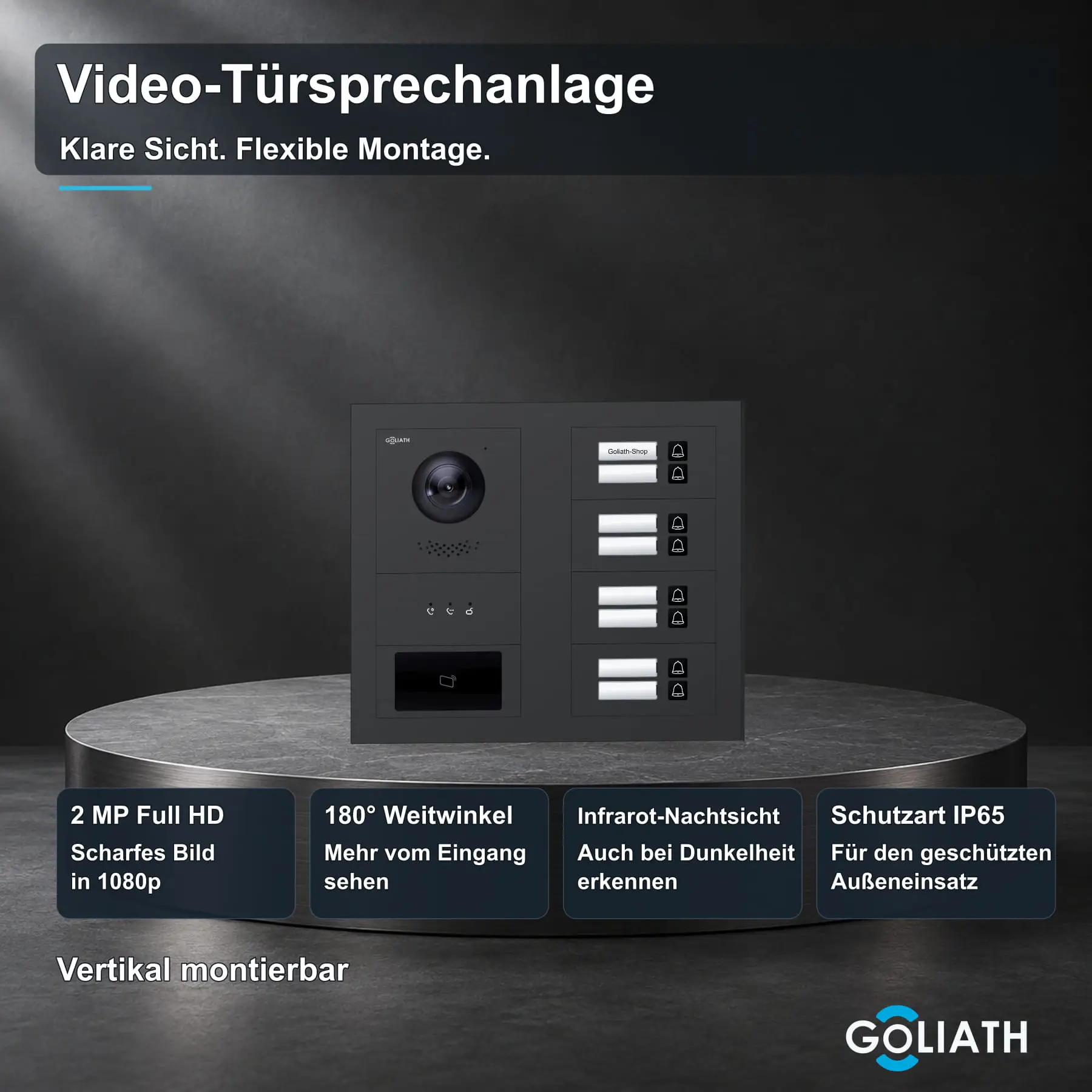Goliath Premium-Line-Außenstation in Anthrazit mit Kamera, 8 Klingeltasten, RFID-Leser und Feedback-Anzeige. Zwei aufrechte Modulspalten nebeneinander auf Naturstein.