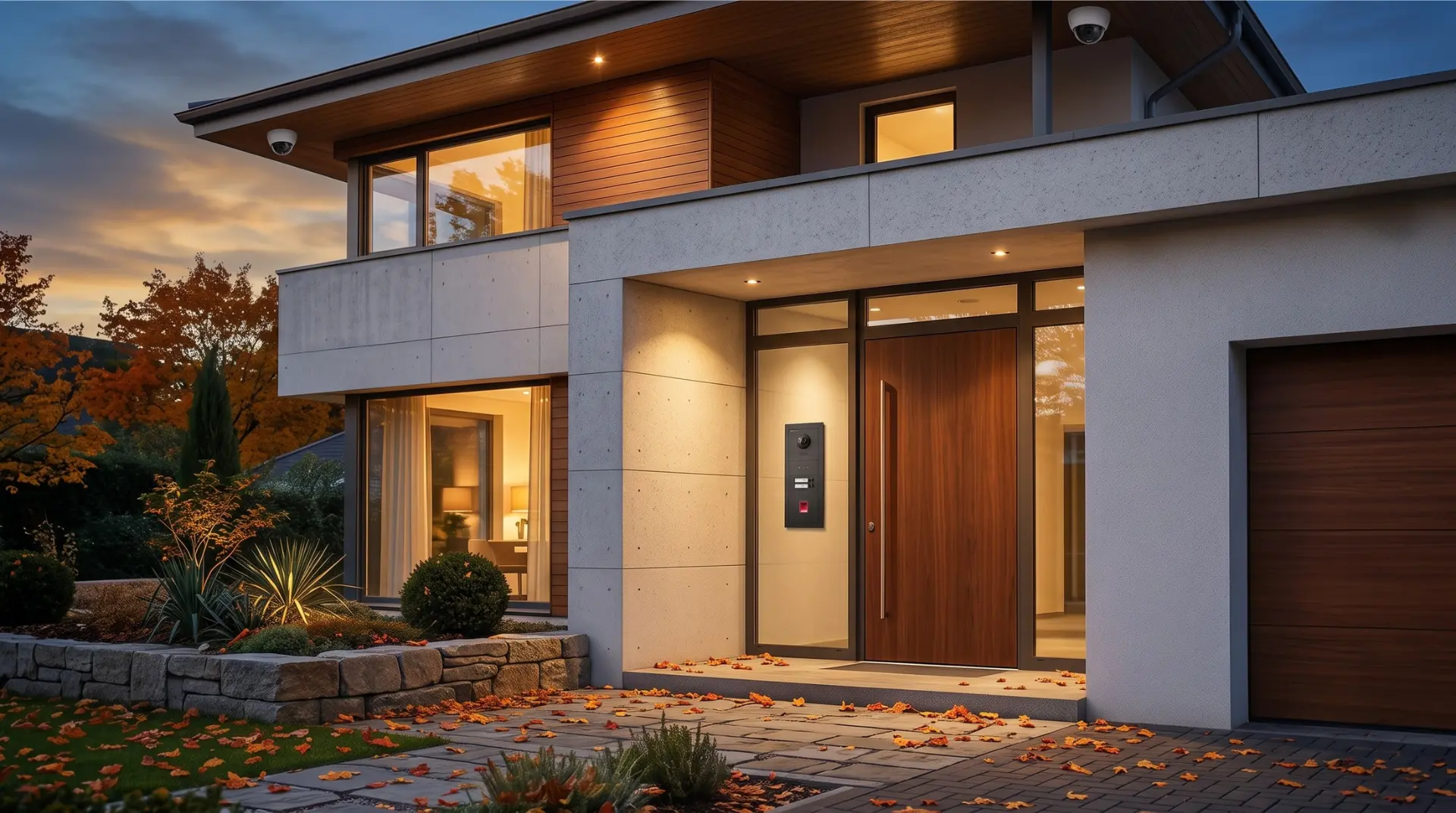 Modernes Haus im Herbst am Abend mit Video-Türsprechanlage neben der Haustür
