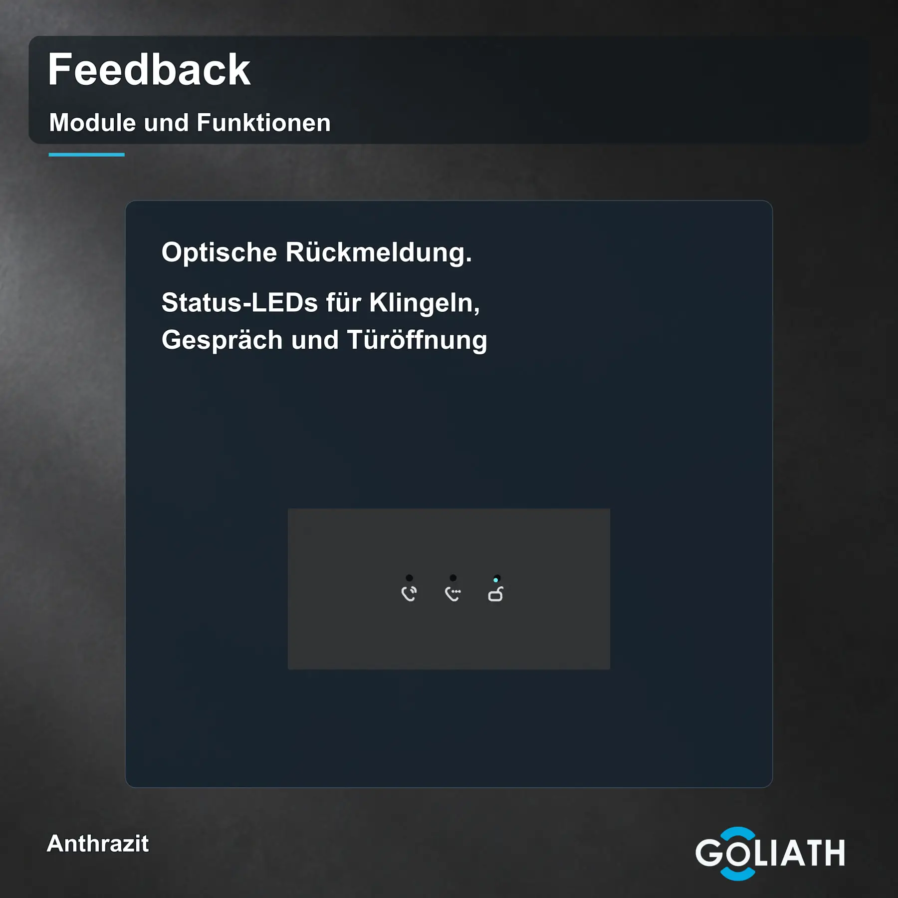Feedback-Anzeige für die Goliath Türsprechanlage in Anthrazit: optische Rückmeldung zu Klingeln, Gespräch und Türöffnung.