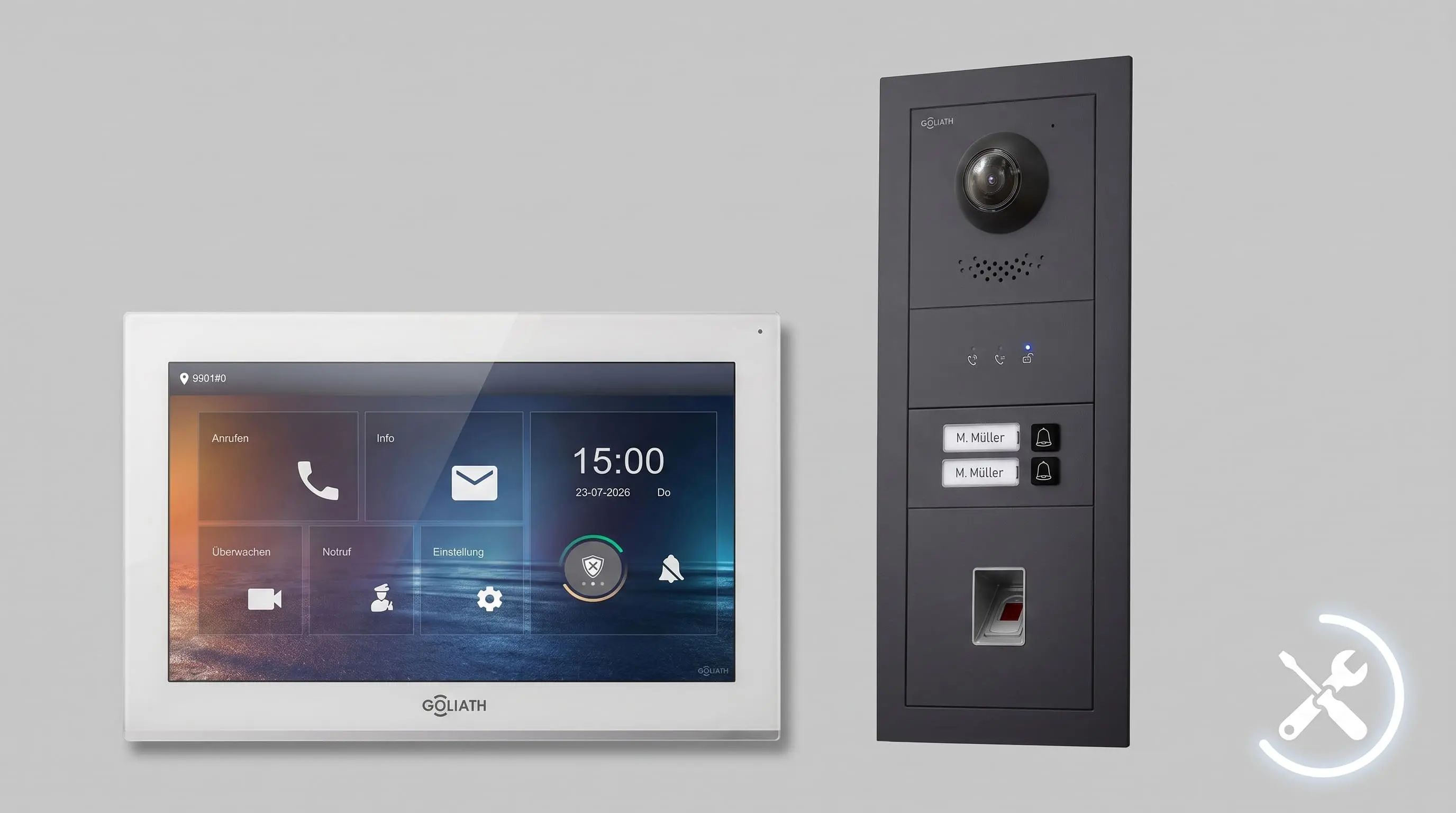 Goliath Premium Line: Innenmonitor und modulare Außenstation mit Kamera, Klingeltastern und Fingerprint