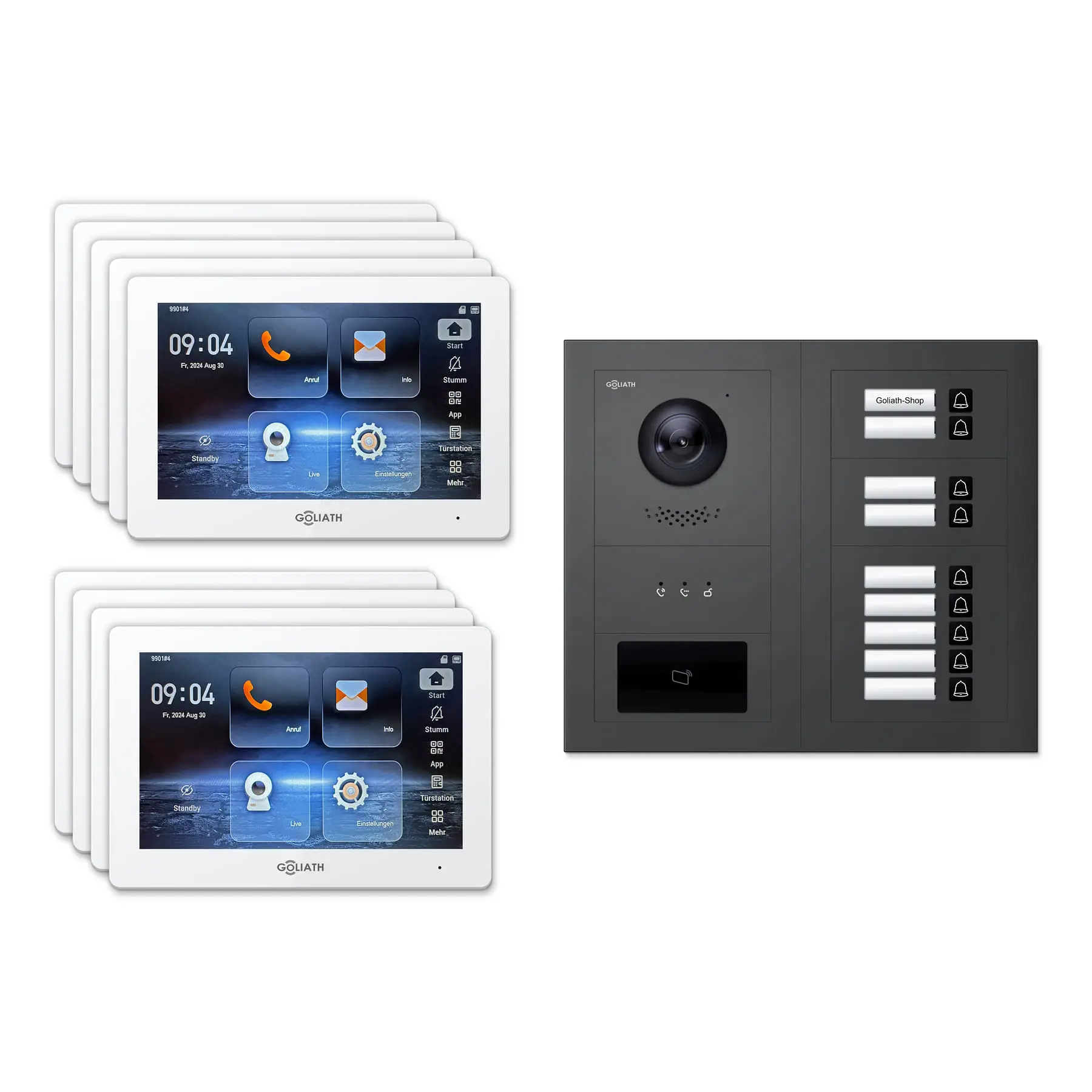 Goliath Video Türsprechanlage GL-IPH915A für 9-Familienhaus: 9 Monitore mit 7 Zoll in Weiß, Außenstation in Anthrazit mit 9 Klingeltasten sowie Statusanzeige, RFID. Set für Unterputzmontage.
