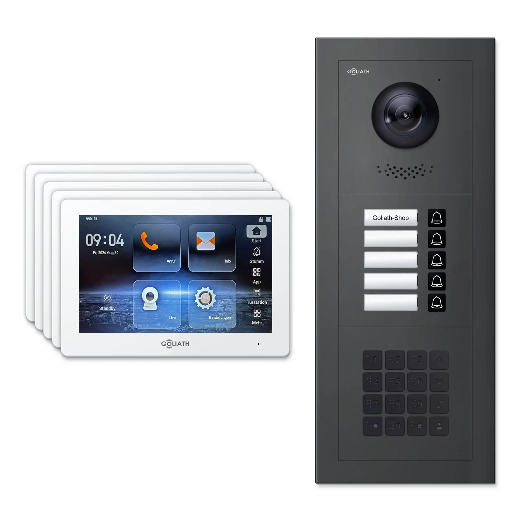 Goliath Video Türsprechanlage GL-IPH525A für 5-Familienhaus: 5 Monitore mit 7 Zoll in Weiß, Außenstation in Anthrazit mit 5 Klingeltasten sowie Zahlencode. Set für Unterputzmontage.