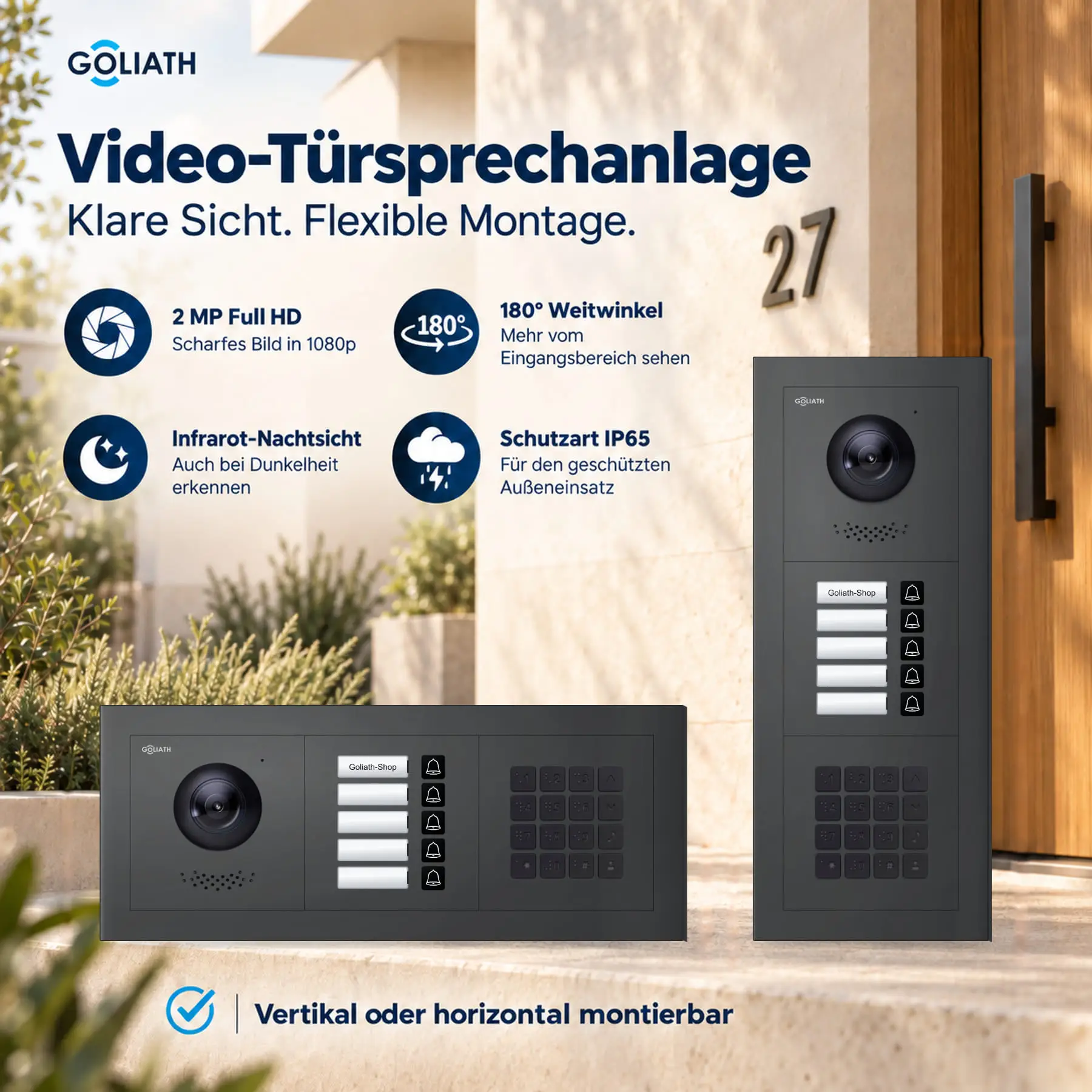 Goliath Premium-Line-Außenstation in Anthrazit mit Kamera, 5 Klingeltasten und Zahlencode-Tastatur. Senkrechte und waagerechte Anordnung auf Naturstein.