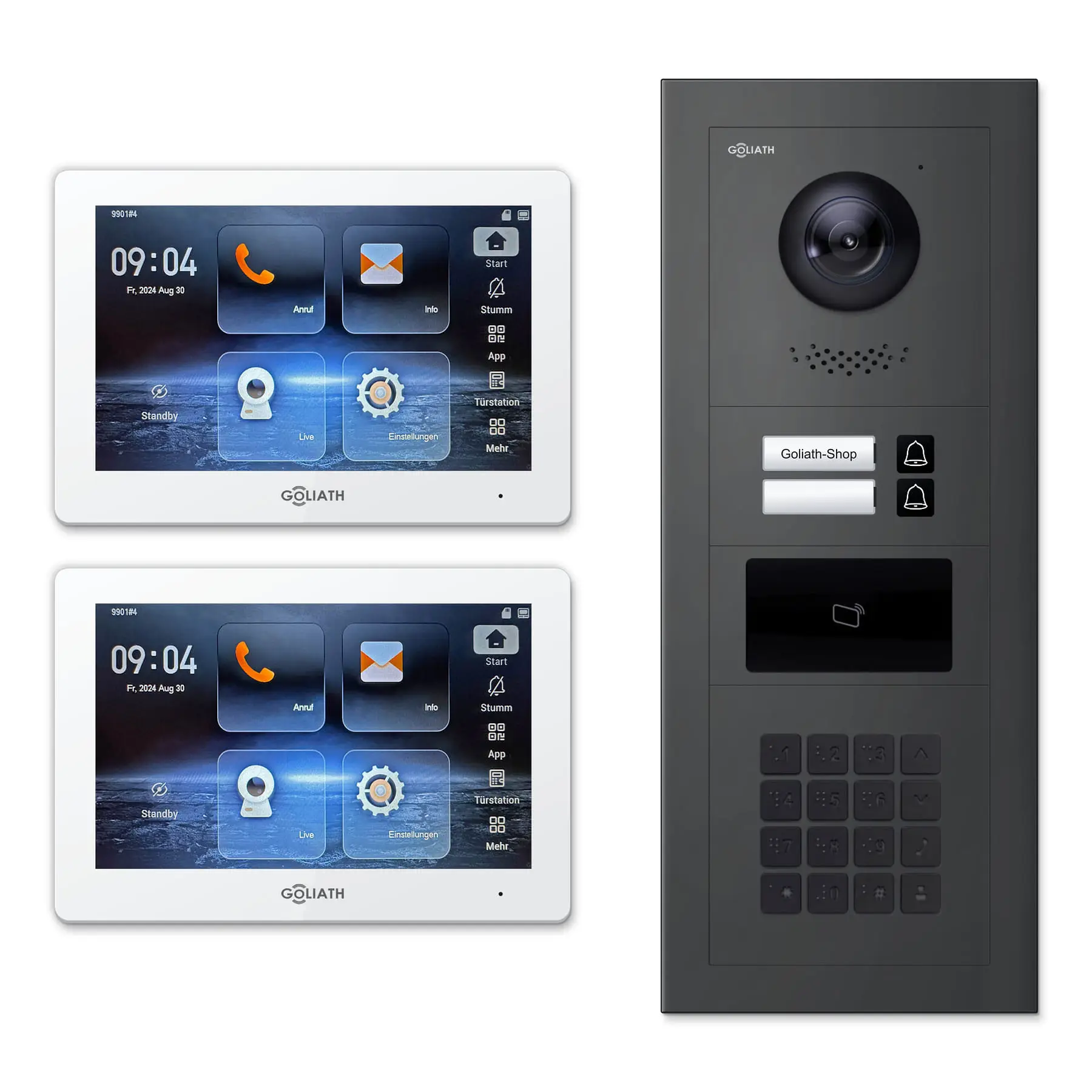 Goliath Video Türsprechanlage GL-IPH255A für 2-Familienhaus: 2 Monitore mit 7 Zoll in Weiß, Außenstation in Anthrazit mit 2 Klingeltasten sowie RFID, Zahlencode. Set für Unterputzmontage.