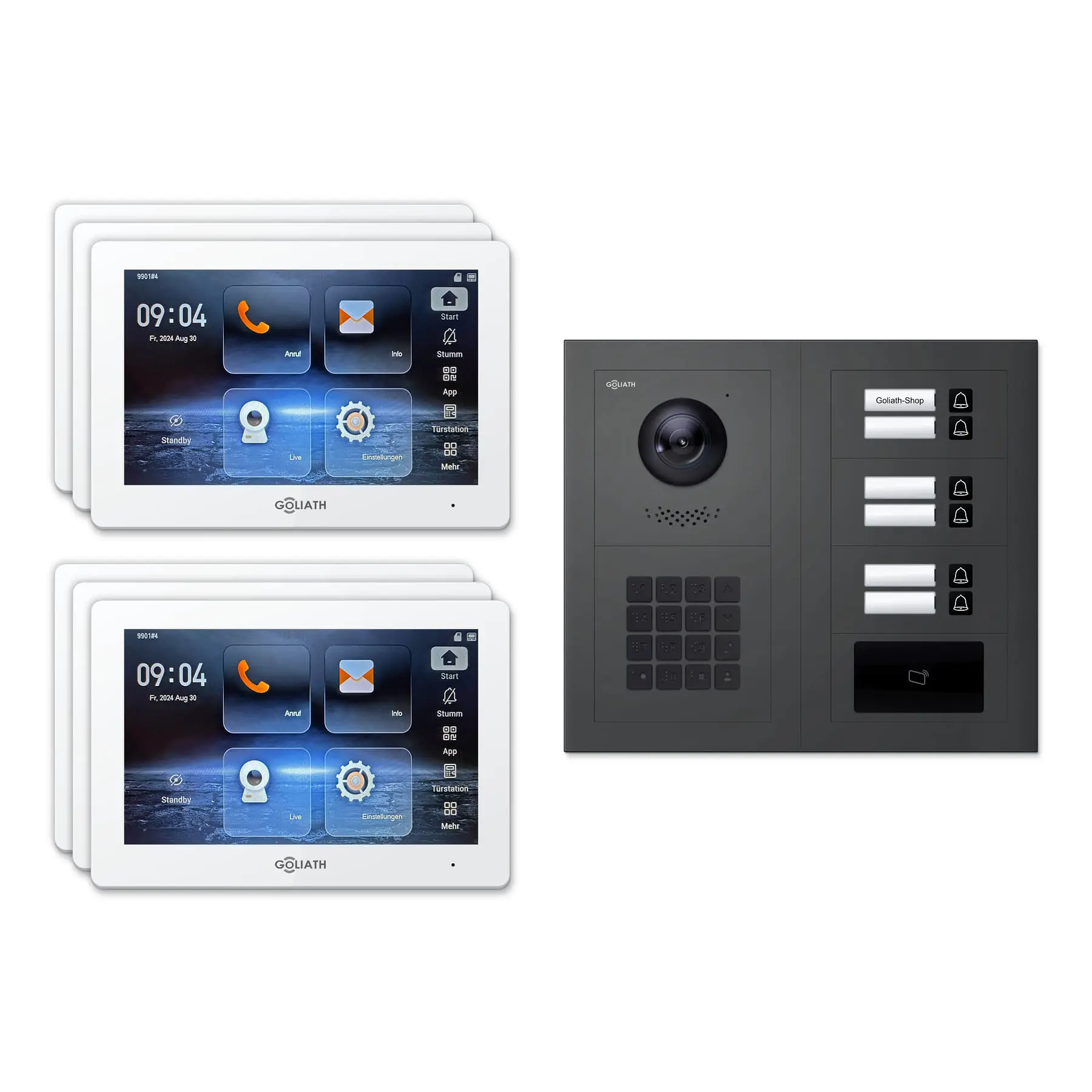 Goliath Türsprechanlage mit Kamera GL-HB620A für 6-Familienhaus: 6 Monitore mit 7 Zoll in Weiß, Außenstation in Anthrazit mit 6 Klingeltasten sowie RFID, Zahlencode. Set für Unterputzmontage.