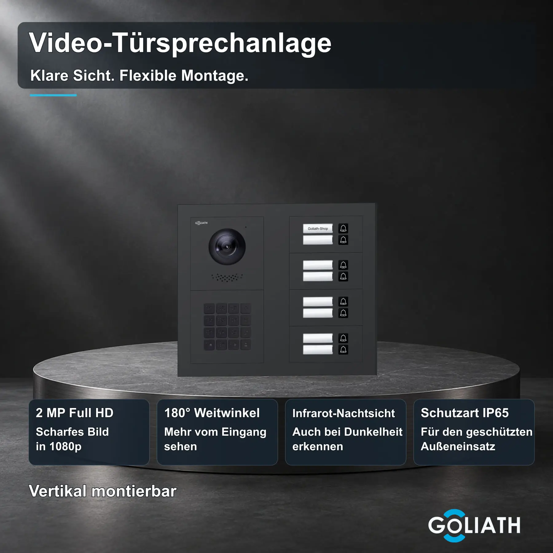Goliath Premium-Line-Außenstation in Anthrazit mit Kamera, 8 Klingeltasten und Zahlencode-Tastatur. Zwei aufrechte Modulspalten nebeneinander auf Naturstein.