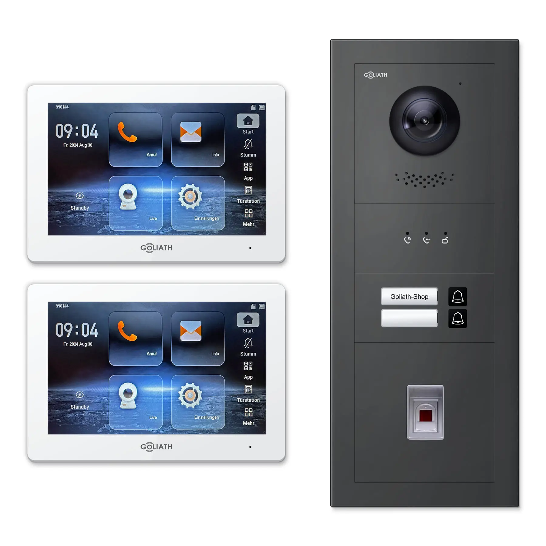 Goliath Video Türsprechanlage GL-IPH235A für 2-Familienhaus: 2 Monitore mit 7 Zoll in Weiß, Außenstation in Anthrazit mit 2 Klingeltasten sowie Statusanzeige, Fingerprint. Set für Unterputzmontage.