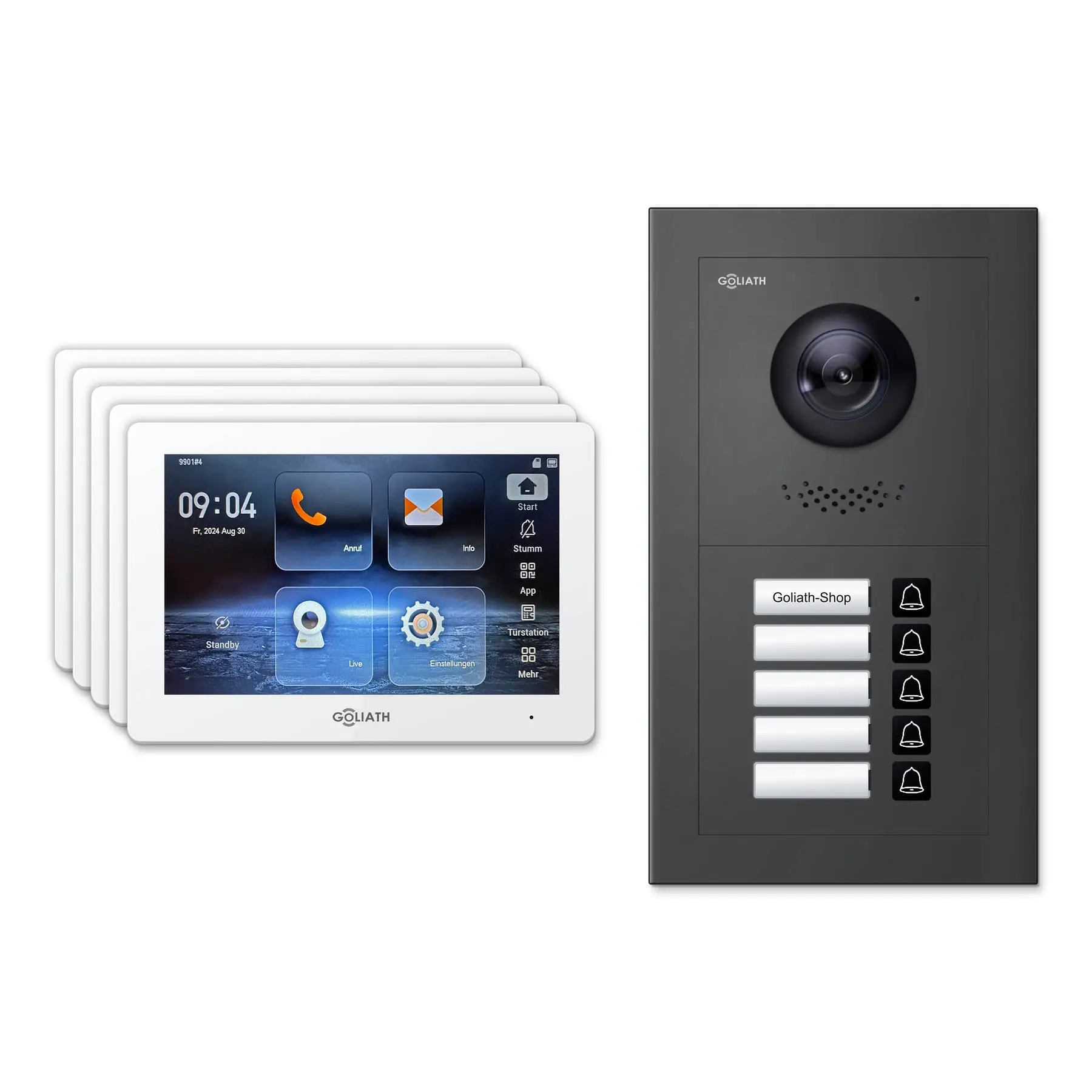 Goliath Türsprechanlage mit Kamera GL-HB500A für 5-Familienhaus: 5 Monitore mit 7 Zoll in Weiß, Außenstation in Anthrazit mit 5 Klingeltasten. Set für Unterputzmontage.