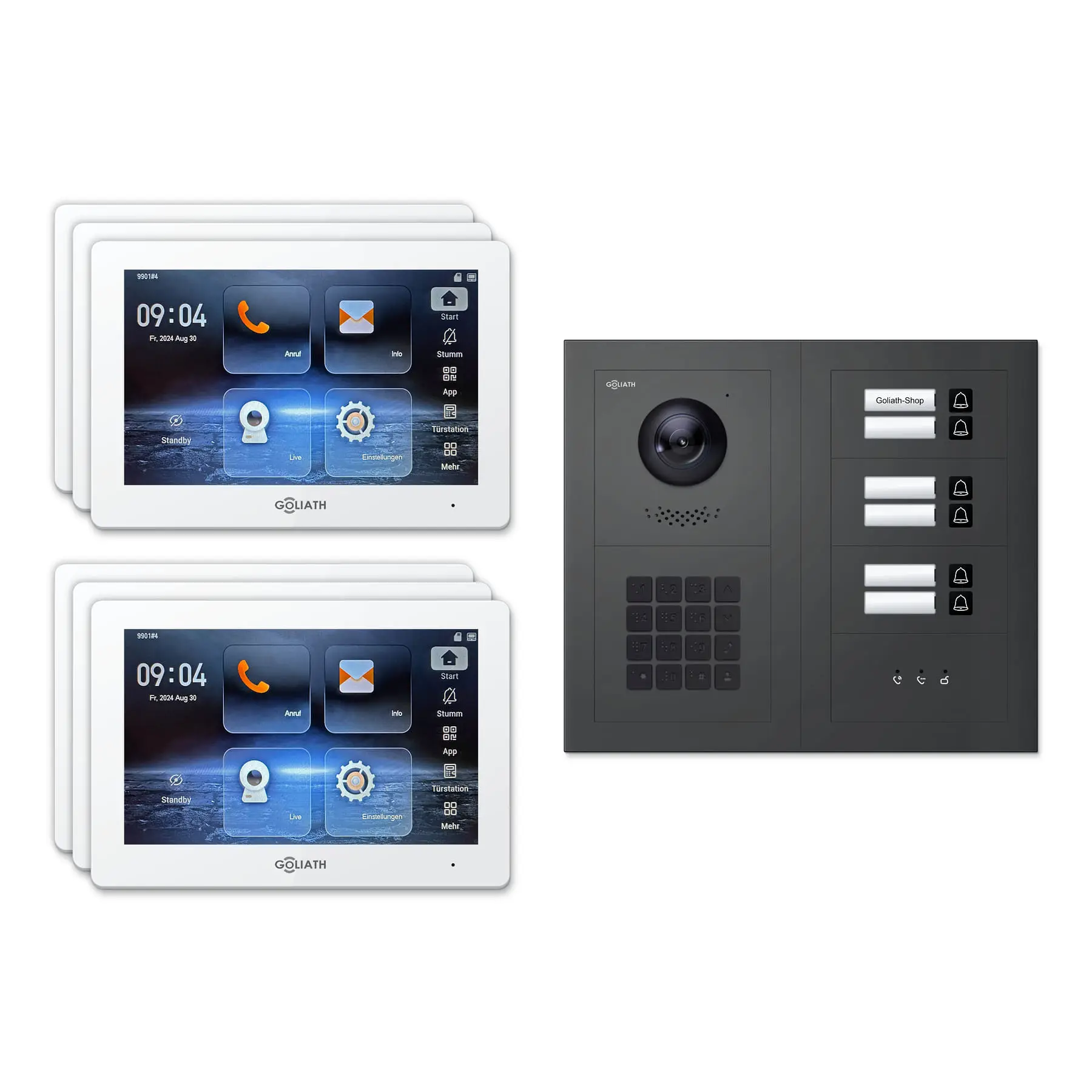 Goliath Video Türsprechanlage GL-IPH635A für 6-Familienhaus: 6 Monitore mit 7 Zoll in Weiß, Außenstation in Anthrazit mit 6 Klingeltasten sowie Statusanzeige, Zahlencode. Set für Unterputzmontage.
