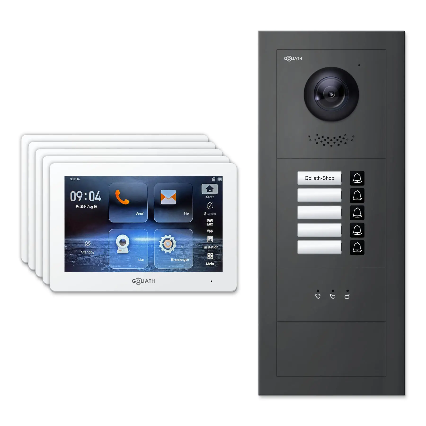 Goliath Video Türsprechanlage GL-IPH545A für 5-Familienhaus: 5 Monitore mit 7 Zoll in Weiß, Außenstation in Anthrazit mit 5 Klingeltasten sowie Statusanzeige. Set für Unterputzmontage.