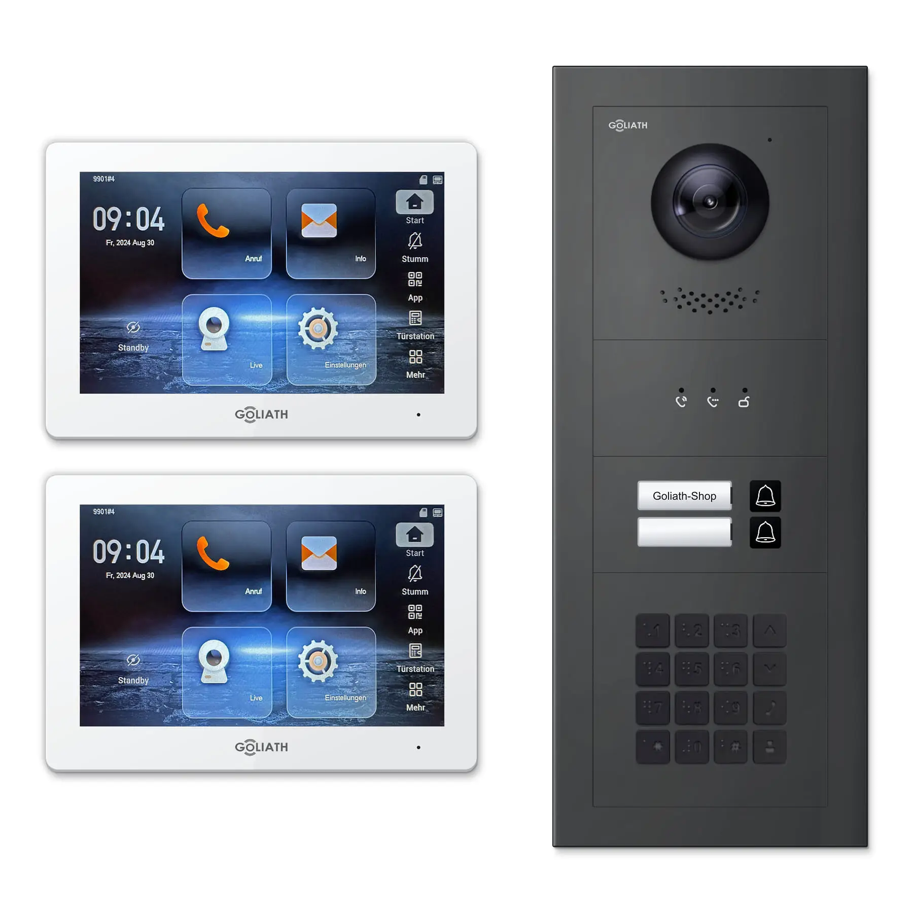 Goliath Video Türsprechanlage GL-IPH225A für 2-Familienhaus: 2 Monitore mit 7 Zoll in Weiß, Außenstation in Anthrazit mit 2 Klingeltasten sowie Statusanzeige, Zahlencode. Set für Unterputzmontage.