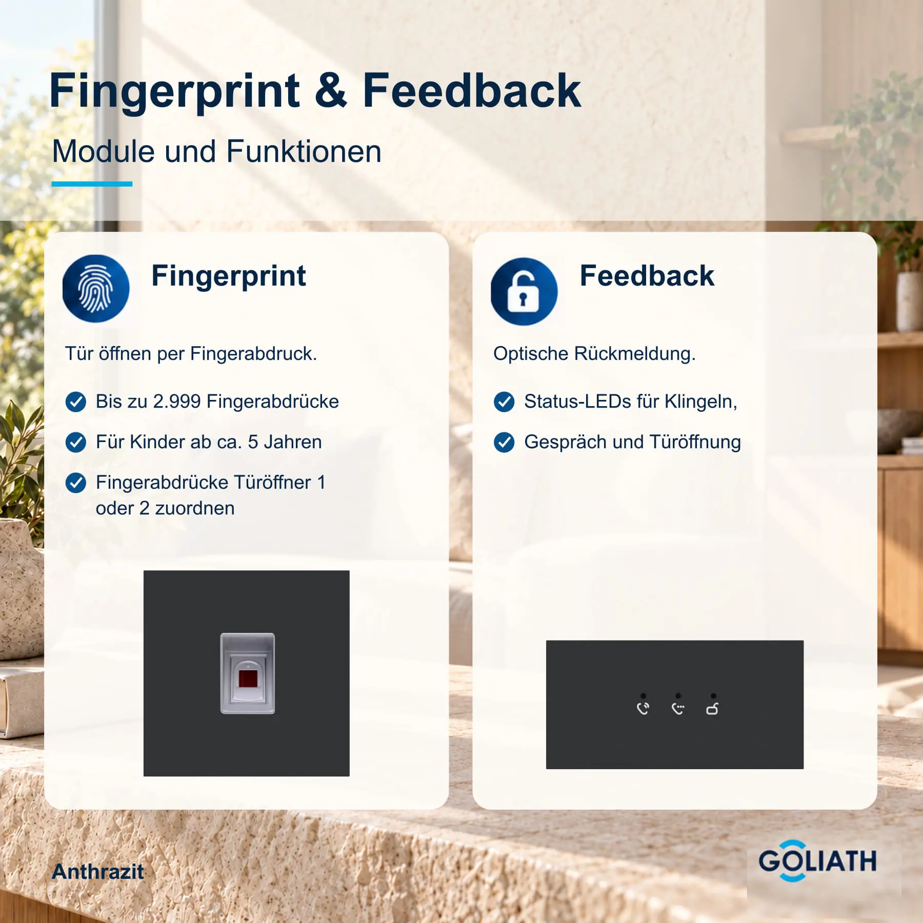 Fingerprint-Modul und Feedback-Anzeige für die Goliath Türsprechanlage in Anthrazit: Türöffnung per Fingerabdruck und optische Rückmeldung zu Klingeln, Gespräch und Türöffnung.