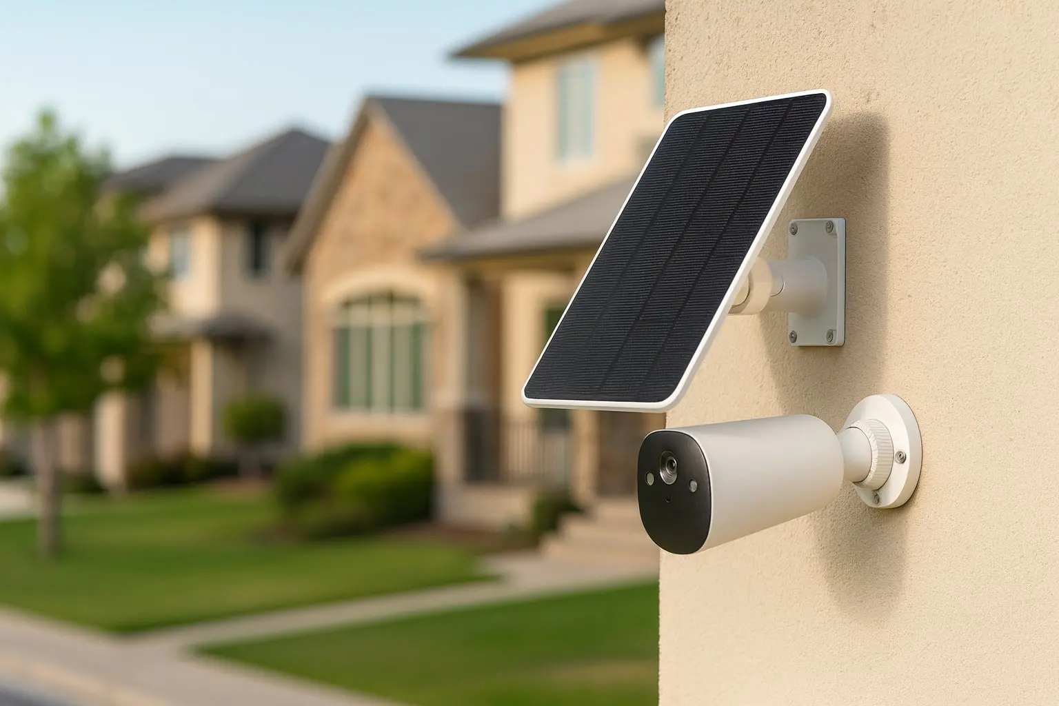 Goliath AV-IP424 Akku-Kamera mit Solarpanel an der Hauswand