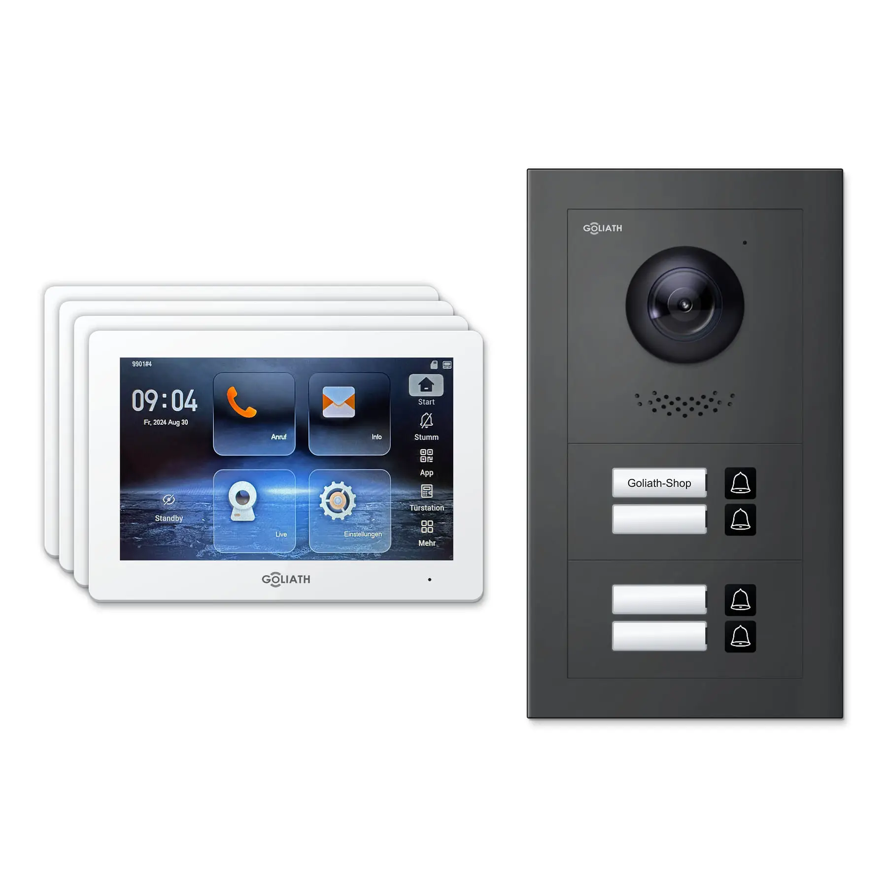 Goliath Video Türsprechanlage GL-IPH405A für 4-Familienhaus: 4 Monitore mit 7 Zoll in Weiß, Außenstation in Anthrazit mit 4 Klingeltasten. Set für Unterputzmontage.