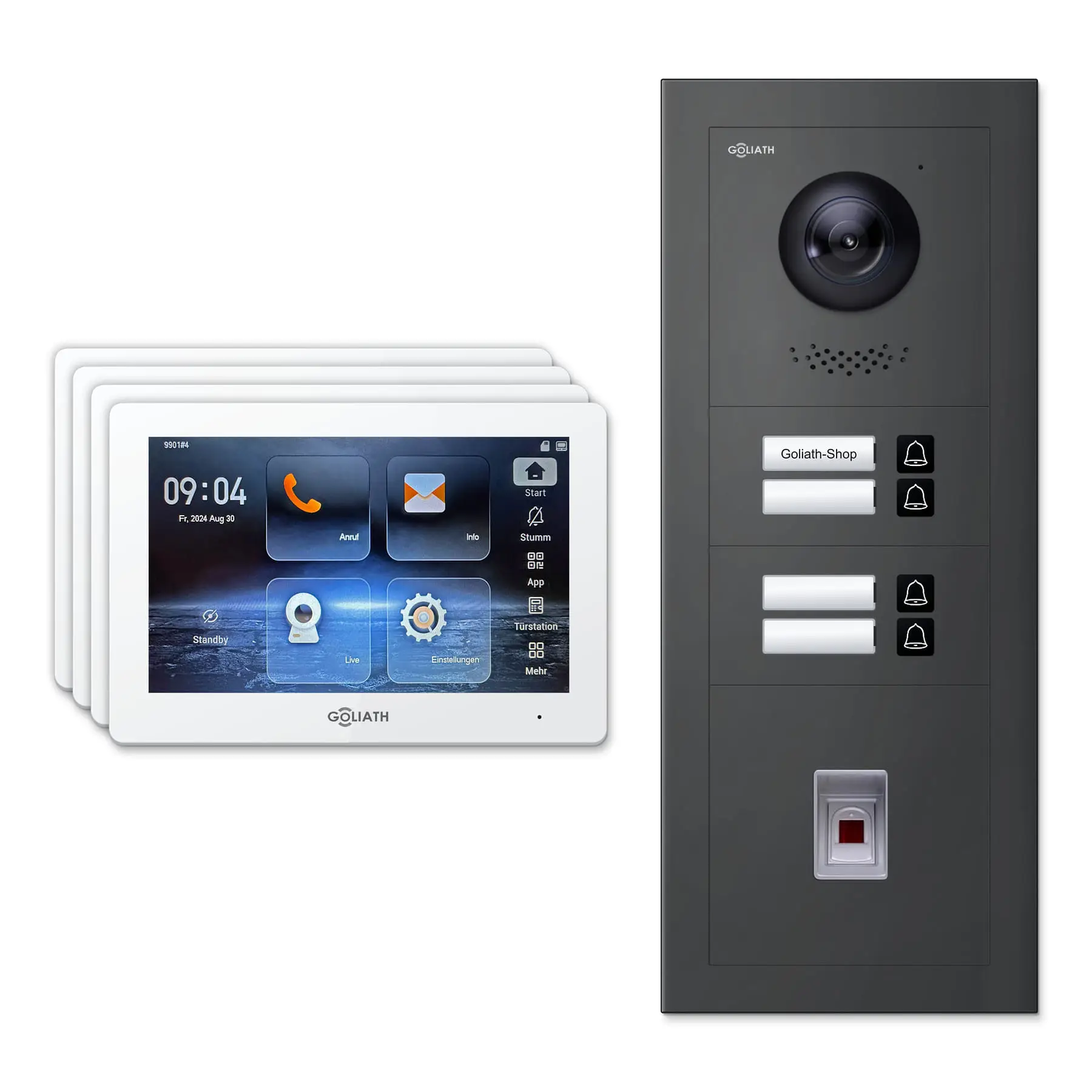 Goliath Video Türsprechanlage GL-IPH435A für 4-Familienhaus: 4 Monitore mit 7 Zoll in Weiß, Außenstation in Anthrazit mit 4 Klingeltasten sowie Fingerprint. Set für Unterputzmontage.