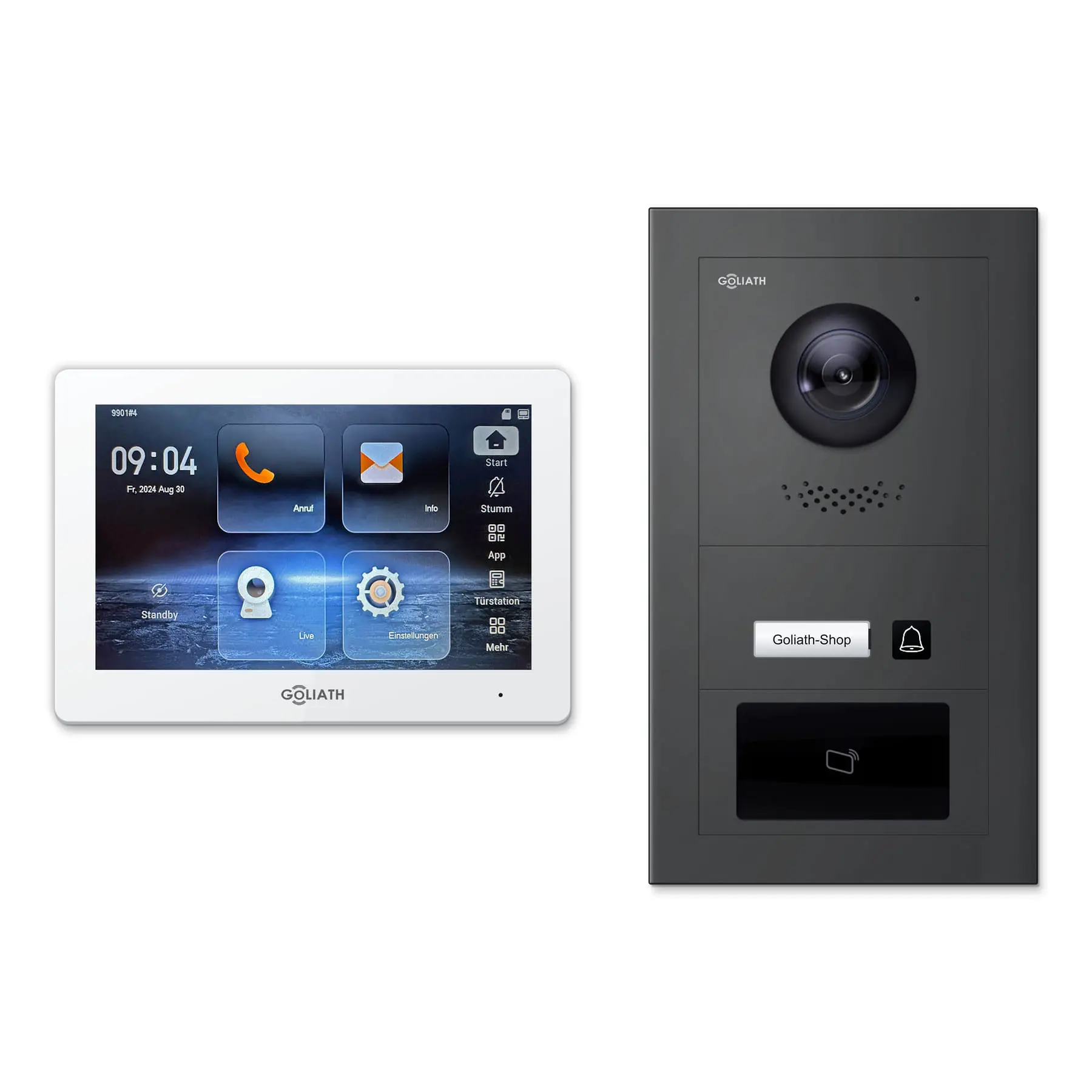 Goliath Video Türsprechanlage GL-IPH115A für 1-Familienhaus: 1 Monitor mit 7 Zoll in Weiß, Außenstation in Anthrazit mit 1 Klingeltaste sowie RFID. Set für Unterputzmontage.
