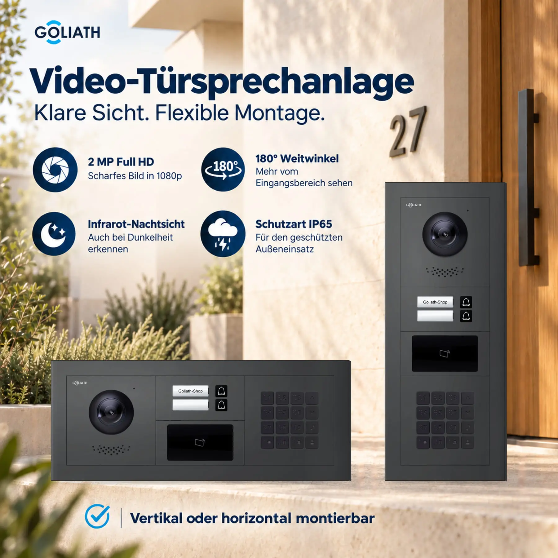 Goliath Premium-Line-Außenstation in Anthrazit mit Kamera, 2 Klingeltasten, Zahlencode-Tastatur und RFID-Leser. Senkrechte und waagerechte Anordnung auf Naturstein.