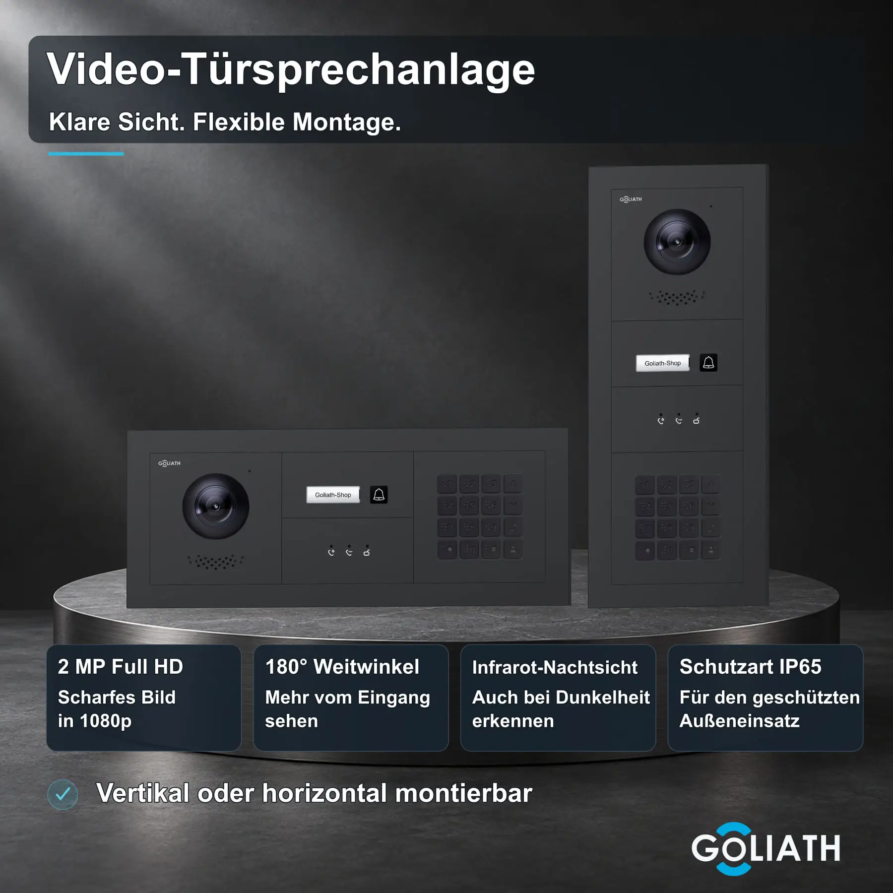 Goliath Premium-Line-Außenstation in Anthrazit mit Kamera, 1 Klingeltaste, Zahlencode-Tastatur und Feedback-Anzeige. Senkrechte und waagerechte Anordnung auf Naturstein.