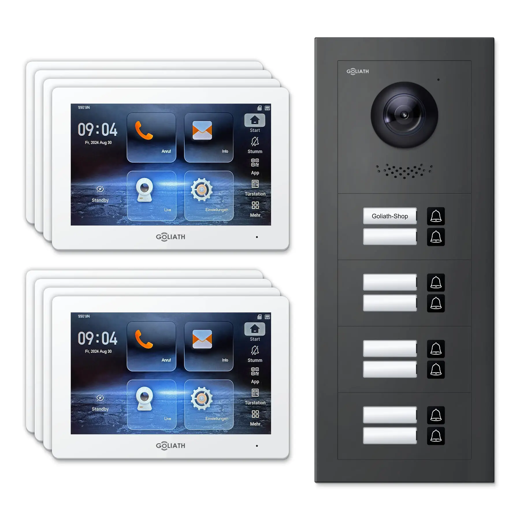Goliath Türsprechanlage mit Kamera GL-HB800A für 8-Familienhaus: 8 Monitore mit 7 Zoll in Weiß, Außenstation in Anthrazit mit 8 Klingeltasten. Set für Unterputzmontage.