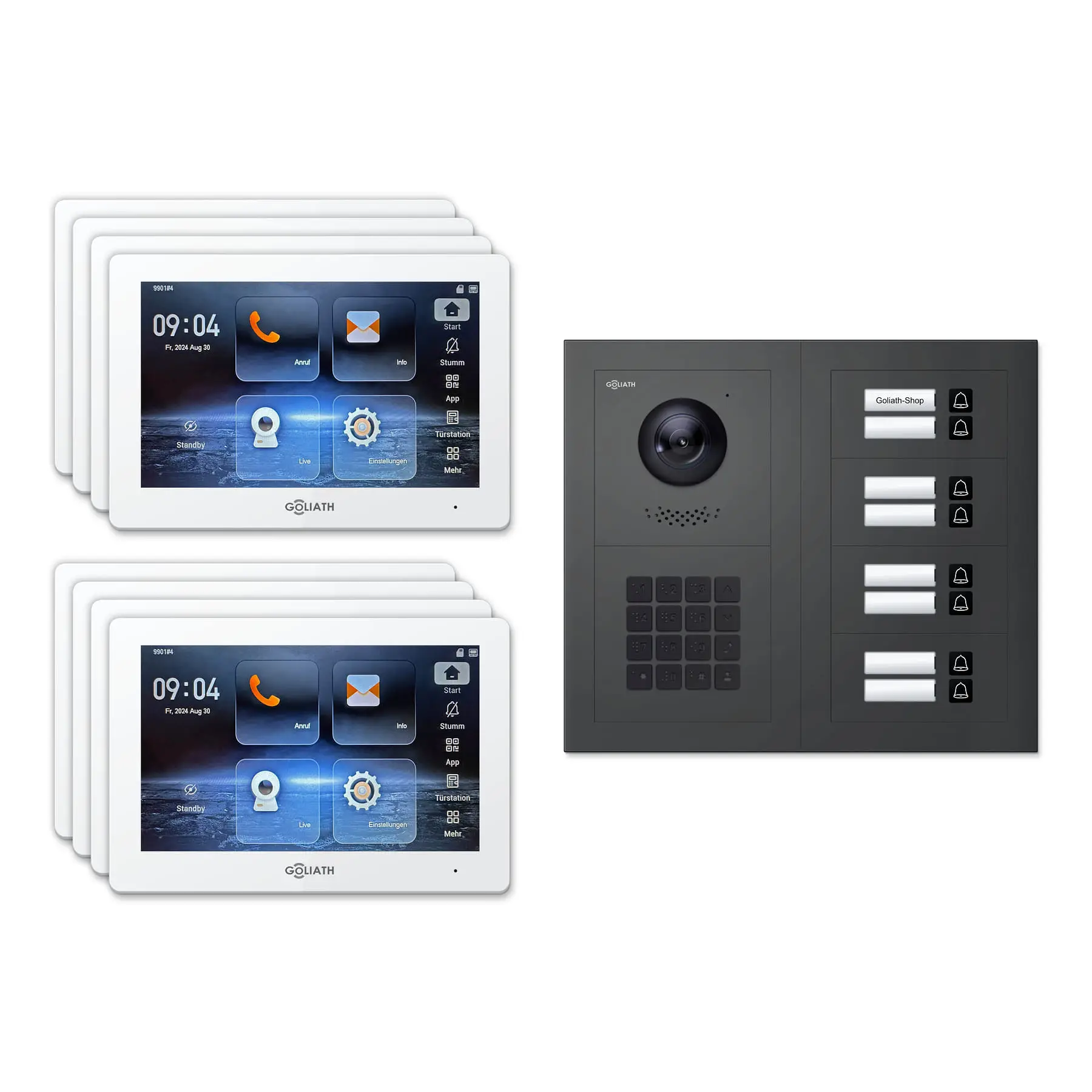 Goliath Video Türsprechanlage GL-IPH825A für 8-Familienhaus: 8 Monitore mit 7 Zoll in Weiß, Außenstation in Anthrazit mit 8 Klingeltasten sowie Zahlencode. Set für Unterputzmontage.