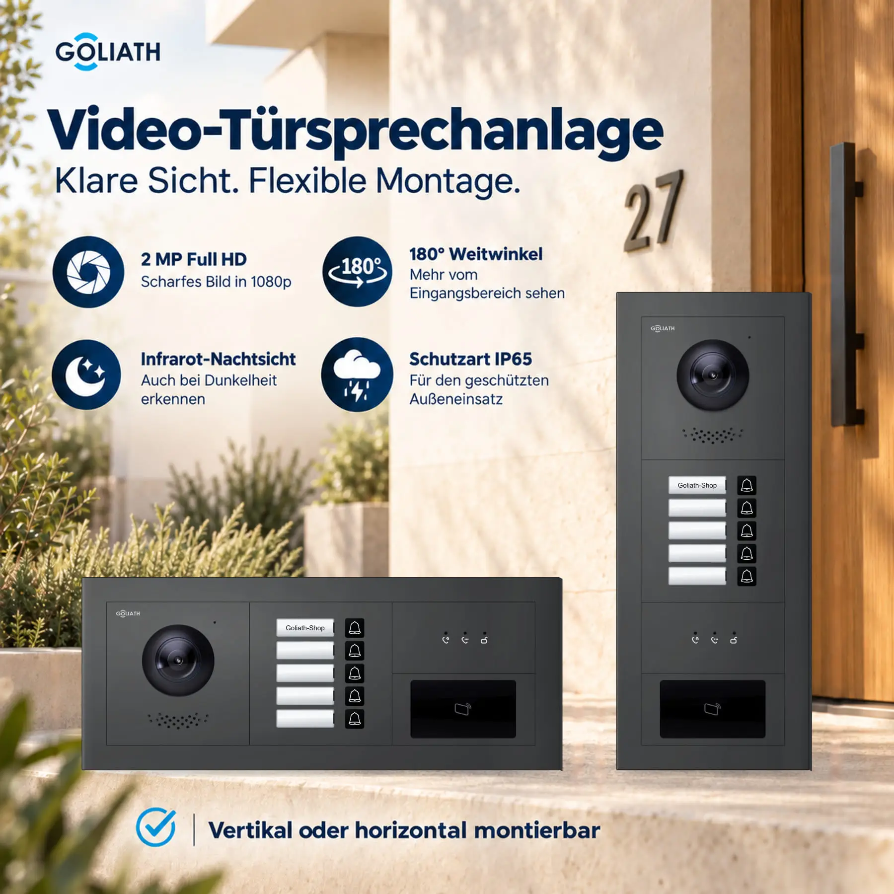 Goliath Premium-Line-Außenstation in Anthrazit mit Kamera, 5 Klingeltasten, RFID-Leser und Feedback-Anzeige. Senkrechte und waagerechte Anordnung auf Naturstein.