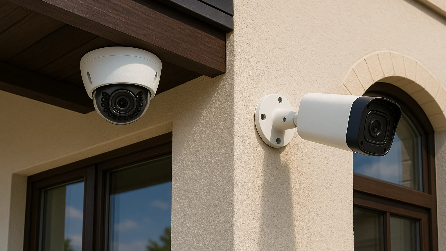 Dome-Kamera unter dem Dachvorsprung und Bullet-Kamera an der Hauswand