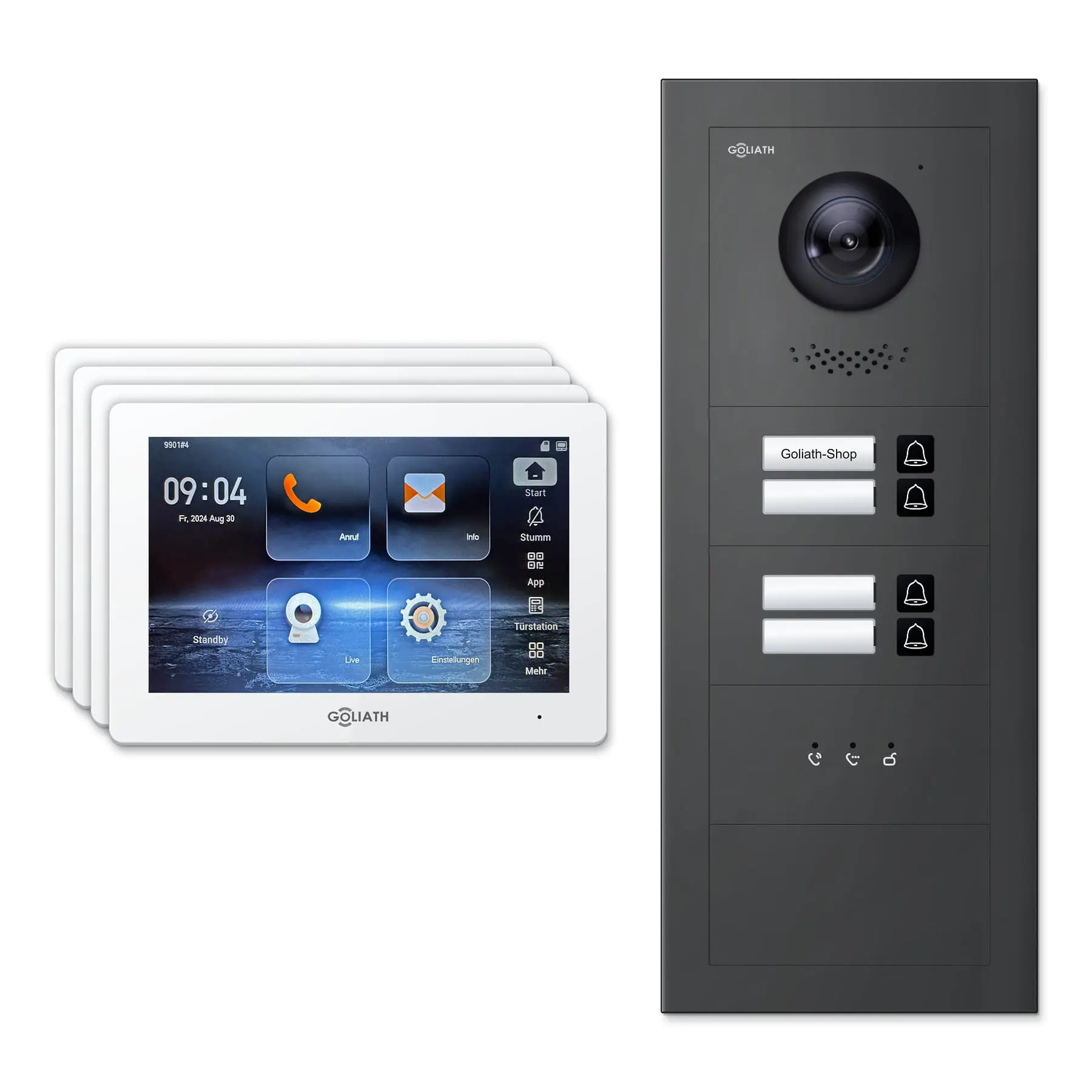 Goliath Video Türsprechanlage GL-IPH445A für 4-Familienhaus: 4 Monitore mit 7 Zoll in Weiß, Außenstation in Anthrazit mit 4 Klingeltasten sowie Statusanzeige. Set für Unterputzmontage.
