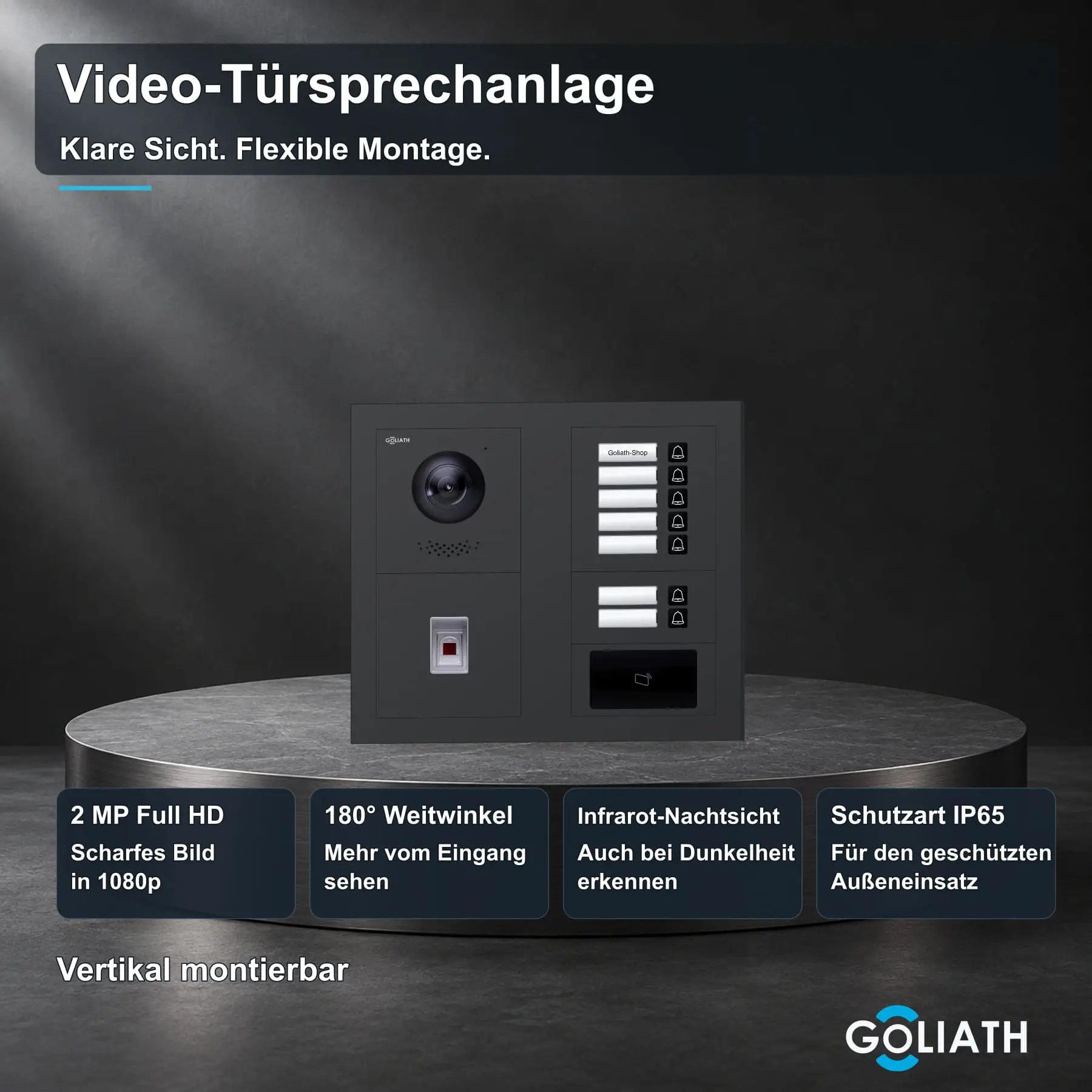 Goliath Premium-Line-Außenstation in Anthrazit mit Kamera, 7 Klingeltasten, Fingerprint-Modul und RFID-Leser. Zwei aufrechte Modulspalten nebeneinander auf Naturstein.