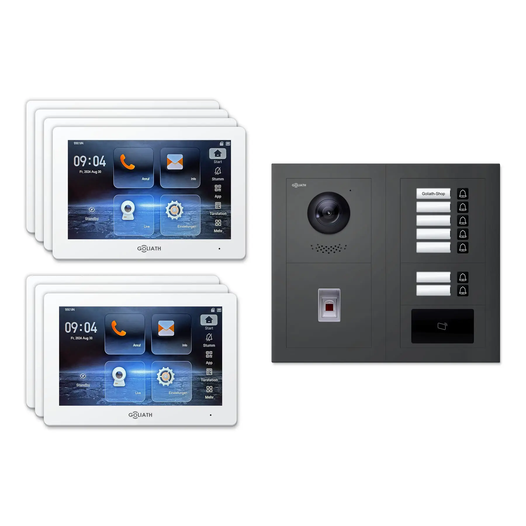Goliath Türsprechanlage mit Kamera GL-HB740A für 7-Familienhaus: 7 Monitore mit 7 Zoll in Weiß, Außenstation in Anthrazit mit 7 Klingeltasten sowie RFID, Fingerprint. Set für Unterputzmontage.