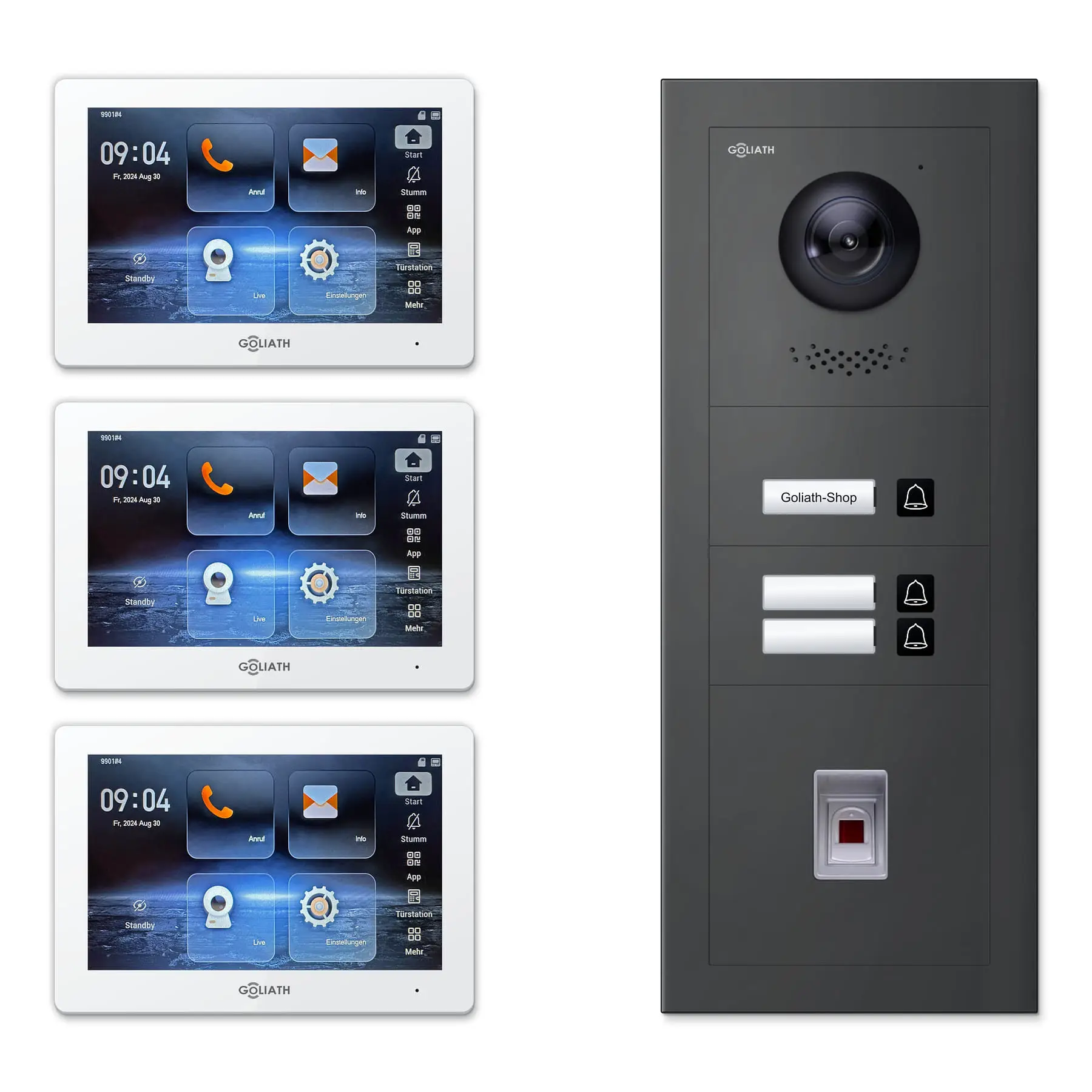 Goliath Video Türsprechanlage GL-IPH335A für 3-Familienhaus: 3 Monitore mit 7 Zoll in Weiß, Außenstation in Anthrazit mit 3 Klingeltasten sowie Fingerprint. Set für Unterputzmontage.
