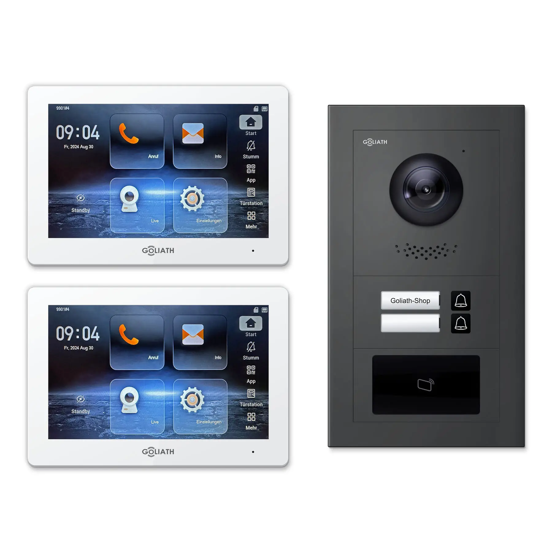Goliath Video Türsprechanlage GL-IPH215A für 2-Familienhaus: 2 Monitore mit 7 Zoll in Weiß, Außenstation in Anthrazit mit 2 Klingeltasten sowie RFID. Set für Unterputzmontage.