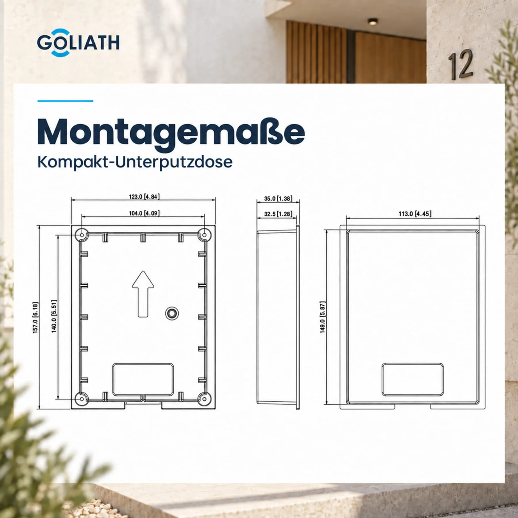 Maßzeichnung der Kompakt-Line-Unterputzdose: 123 × 157 × 35 mm, Befestigungsabstände 104 × 140 mm.