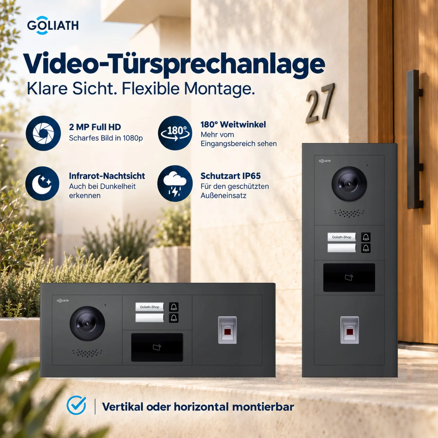 Goliath Premium-Line-Außenstation in Anthrazit mit Kamera, 2 Klingeltasten, Fingerprint-Modul und RFID-Leser. Senkrechte und waagerechte Anordnung auf Naturstein.