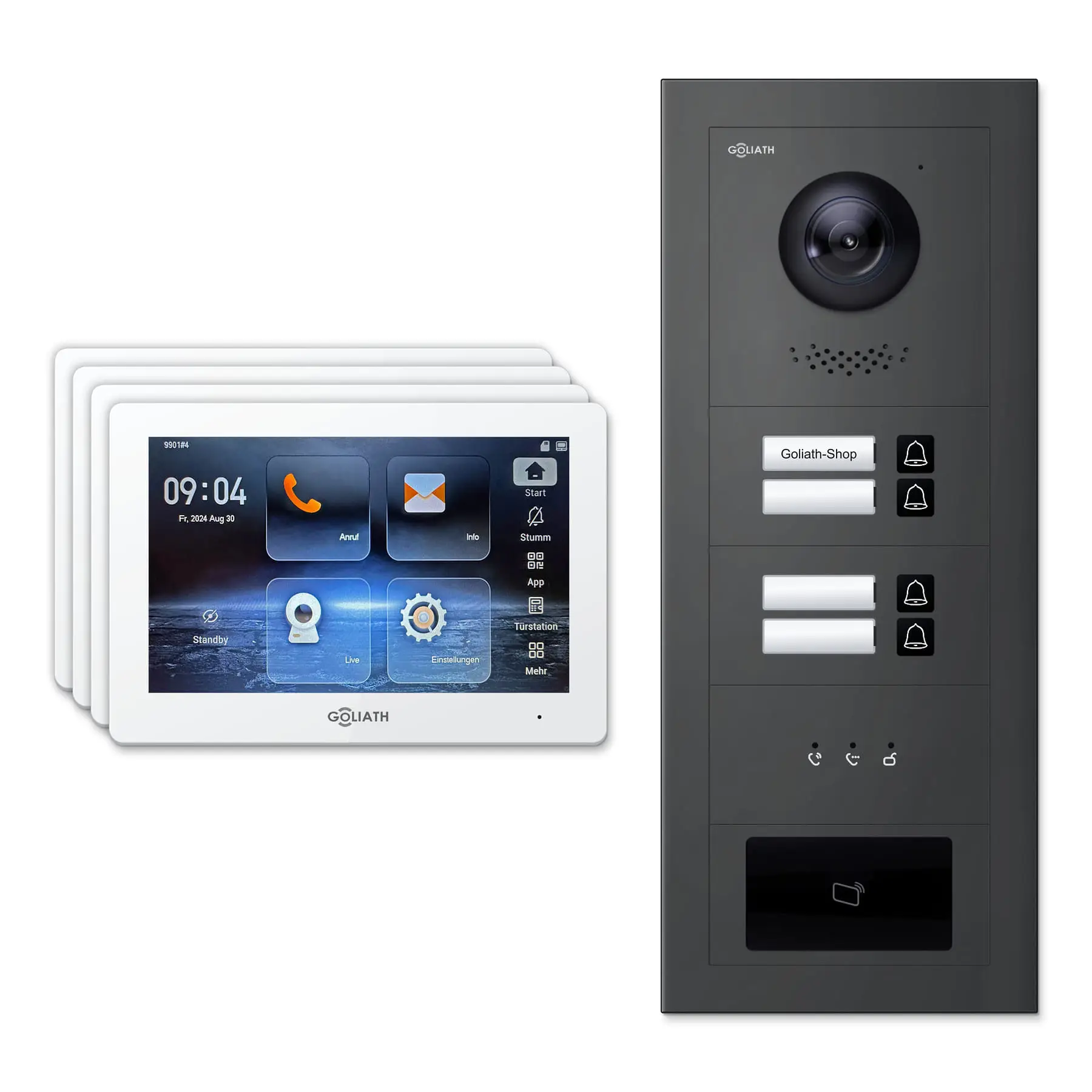 Goliath Video Türsprechanlage GL-IPH415A für 4-Familienhaus: 4 Monitore mit 7 Zoll in Weiß, Außenstation in Anthrazit mit 4 Klingeltasten sowie Statusanzeige, RFID. Set für Unterputzmontage.