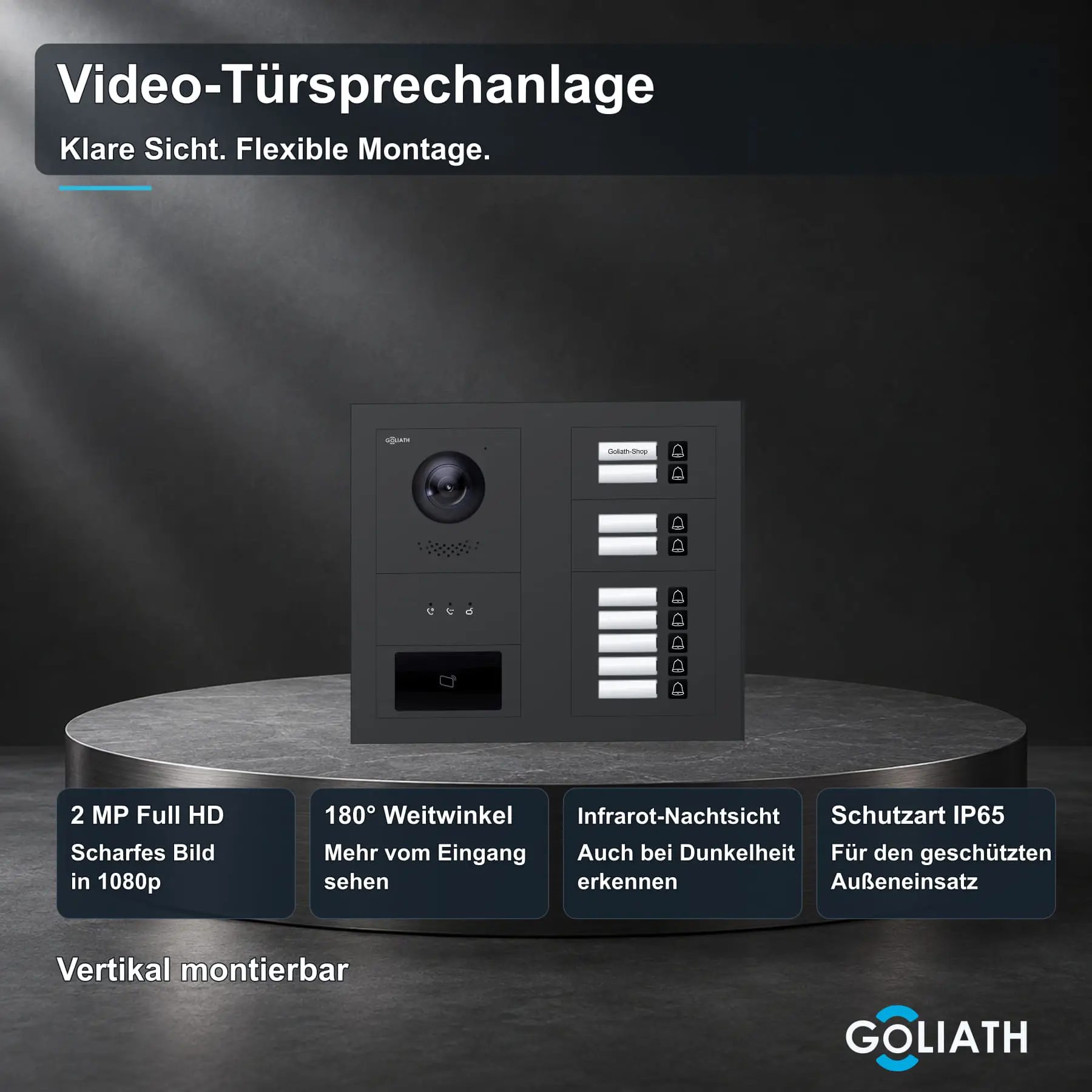 Goliath Premium-Line-Außenstation in Anthrazit mit Kamera, 9 Klingeltasten, RFID-Leser und Feedback-Anzeige. Zwei aufrechte Modulspalten nebeneinander auf Naturstein.