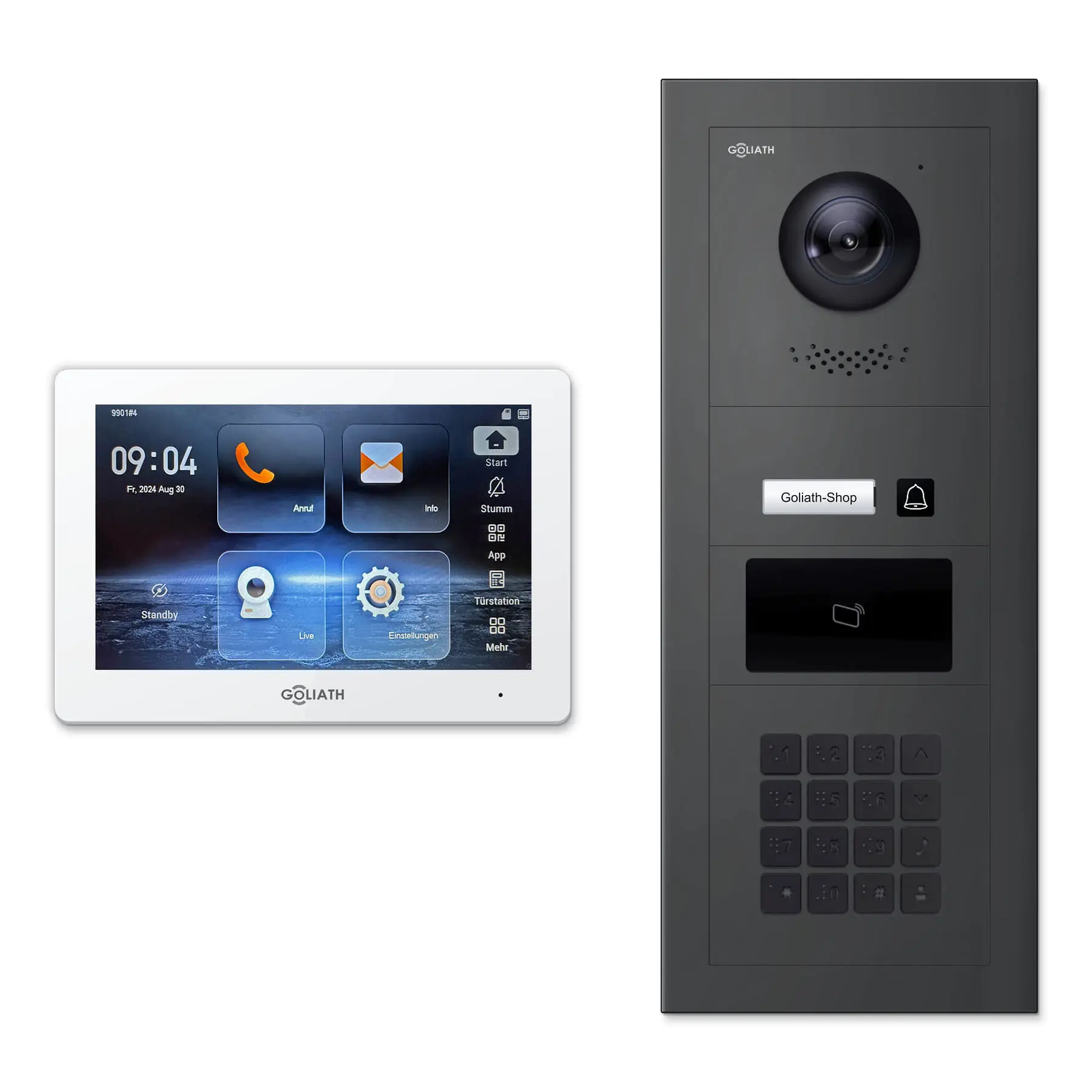 Goliath Türsprechanlage mit Kamera GL-HB150A für 1-Familienhaus: 1 Monitor mit 7 Zoll in Weiß, Außenstation in Anthrazit mit 1 Klingeltaste sowie RFID, Zahlencode. Set für Unterputzmontage.