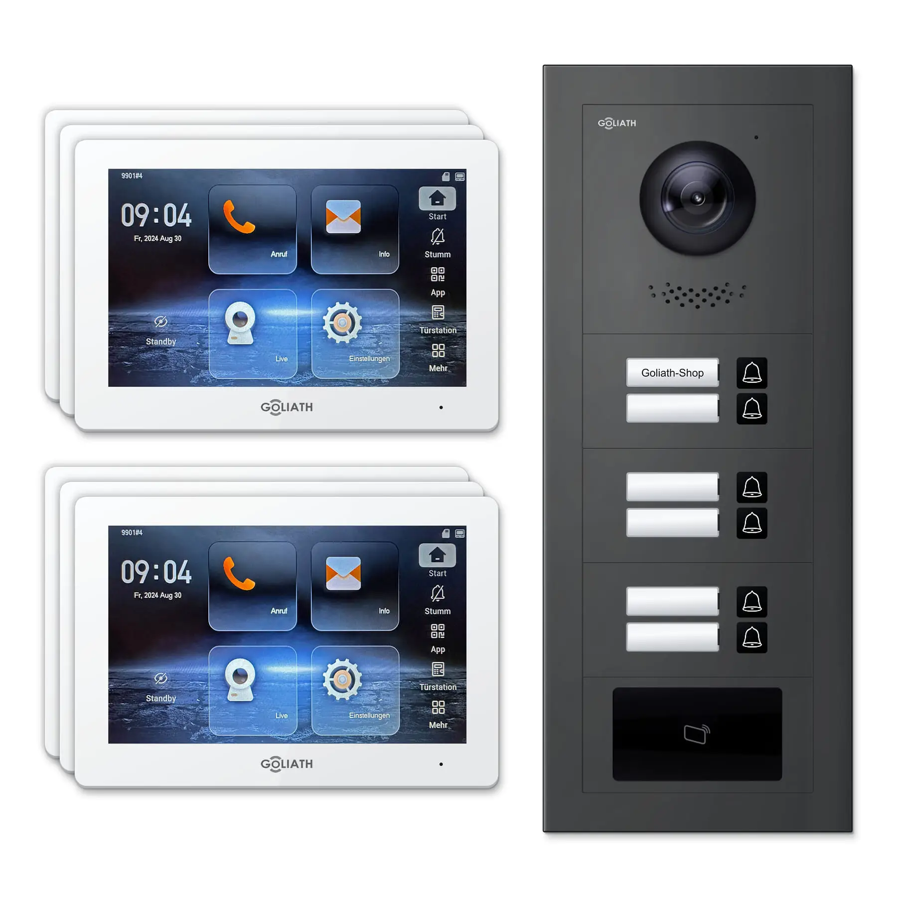 Goliath Türsprechanlage mit Kamera GL-HB610A für 6-Familienhaus: 6 Monitore mit 7 Zoll in Weiß, Außenstation in Anthrazit mit 6 Klingeltasten sowie RFID. Set für Unterputzmontage.