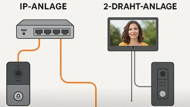 Schema: IP-Anlage mit Netzwerk-Switch im Vergleich zur 2-Draht-Anlage mit Monitor und Türstation