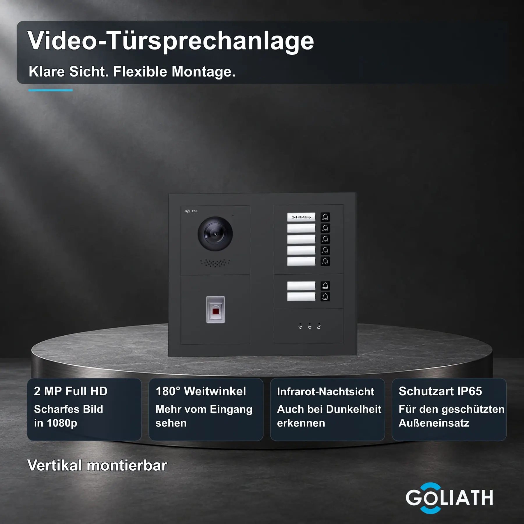 Goliath Premium-Line-Außenstation in Anthrazit mit Kamera, 7 Klingeltasten, Fingerprint-Modul und Feedback-Anzeige. Zwei aufrechte Modulspalten nebeneinander auf Naturstein.