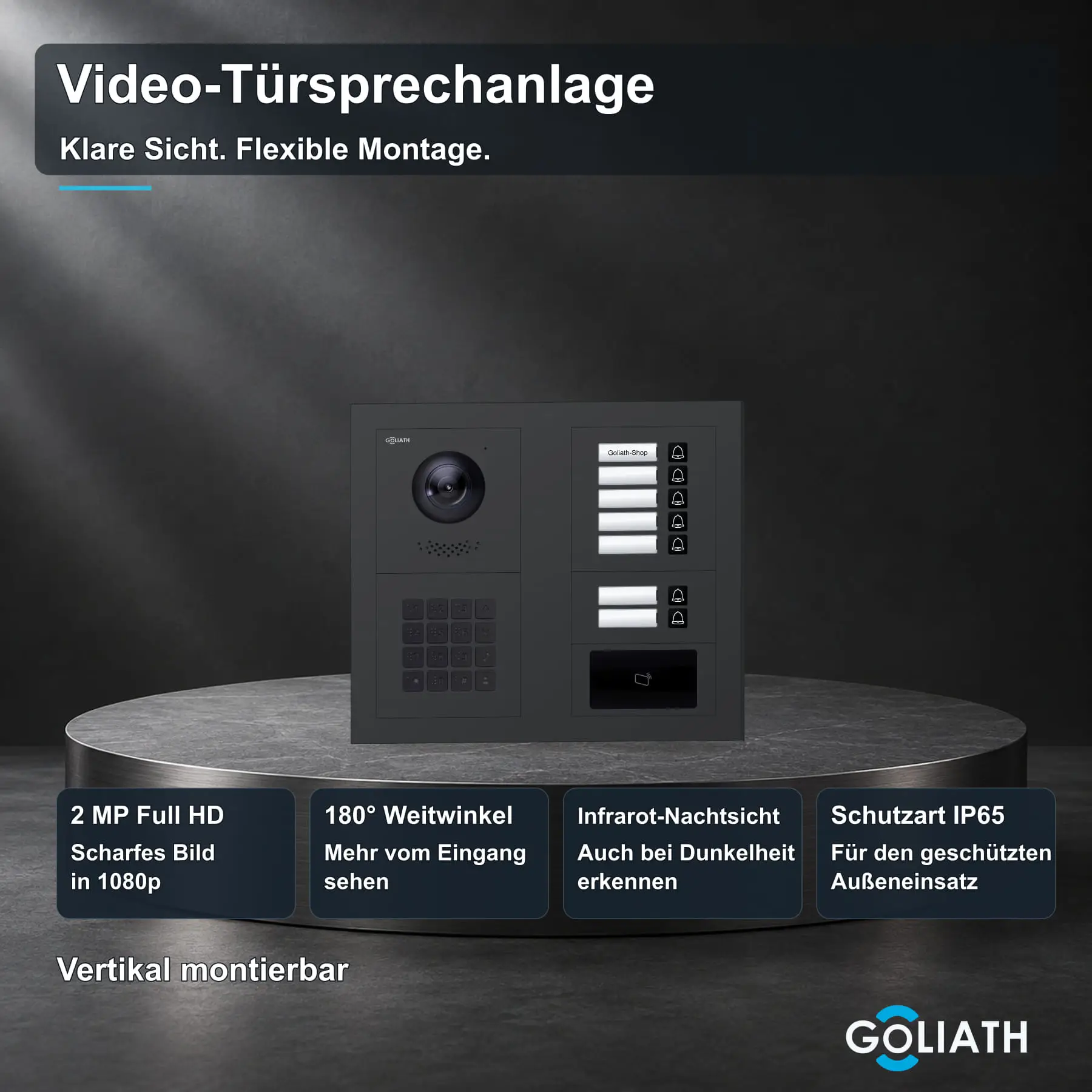 Goliath Premium-Line-Außenstation in Anthrazit mit Kamera, 7 Klingeltasten, Zahlencode-Tastatur und RFID-Leser. Zwei aufrechte Modulspalten nebeneinander auf Naturstein.