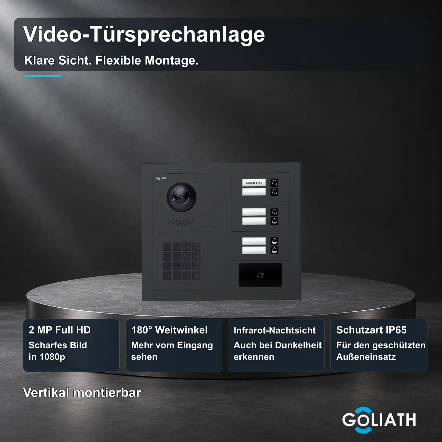 Goliath Premium-Line-Außenstation in Anthrazit mit Kamera, 6 Klingeltasten, Zahlencode-Tastatur und RFID-Leser. Zwei aufrechte Modulspalten nebeneinander auf Naturstein.