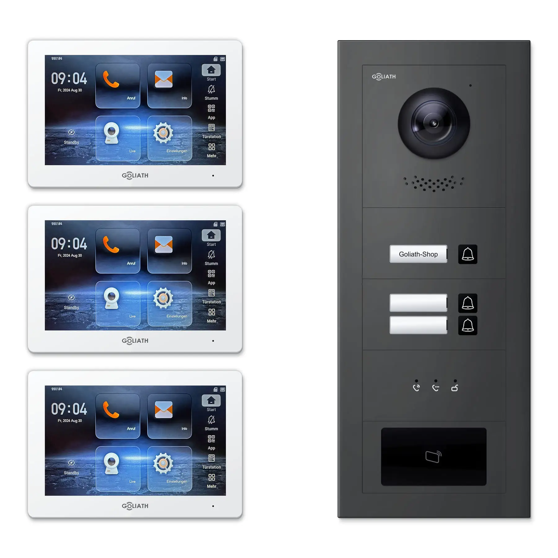 Goliath Video Türsprechanlage GL-IPH315A für 3-Familienhaus: 3 Monitore mit 7 Zoll in Weiß, Außenstation in Anthrazit mit 3 Klingeltasten sowie Statusanzeige, RFID. Set für Unterputzmontage.