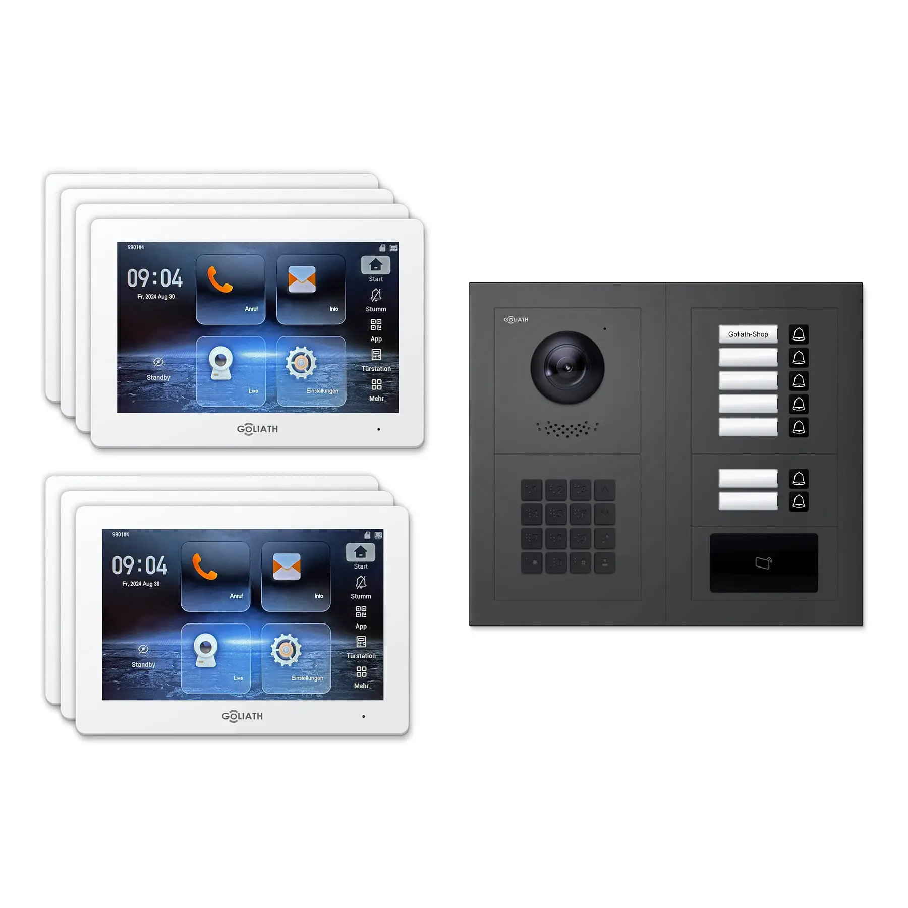 Goliath Türsprechanlage mit Kamera GL-HB720A.1 für 7-Familienhaus: 7 Monitore mit 7 Zoll in Weiß, Außenstation in Anthrazit mit 7 Klingeltasten sowie RFID, Zahlencode. Set für Unterputzmontage.