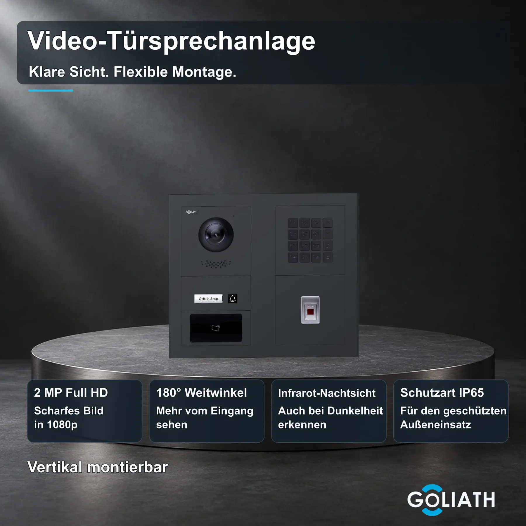 Goliath Außenstation in Anthrazit mit 1 Klingeltaste, Fingerprint, Zahlencode und RFID. Originalmodule in zwei Spalten; 2 MP Full HD, 180° Blickwinkel, Infrarot-Nachtsicht und IP65.