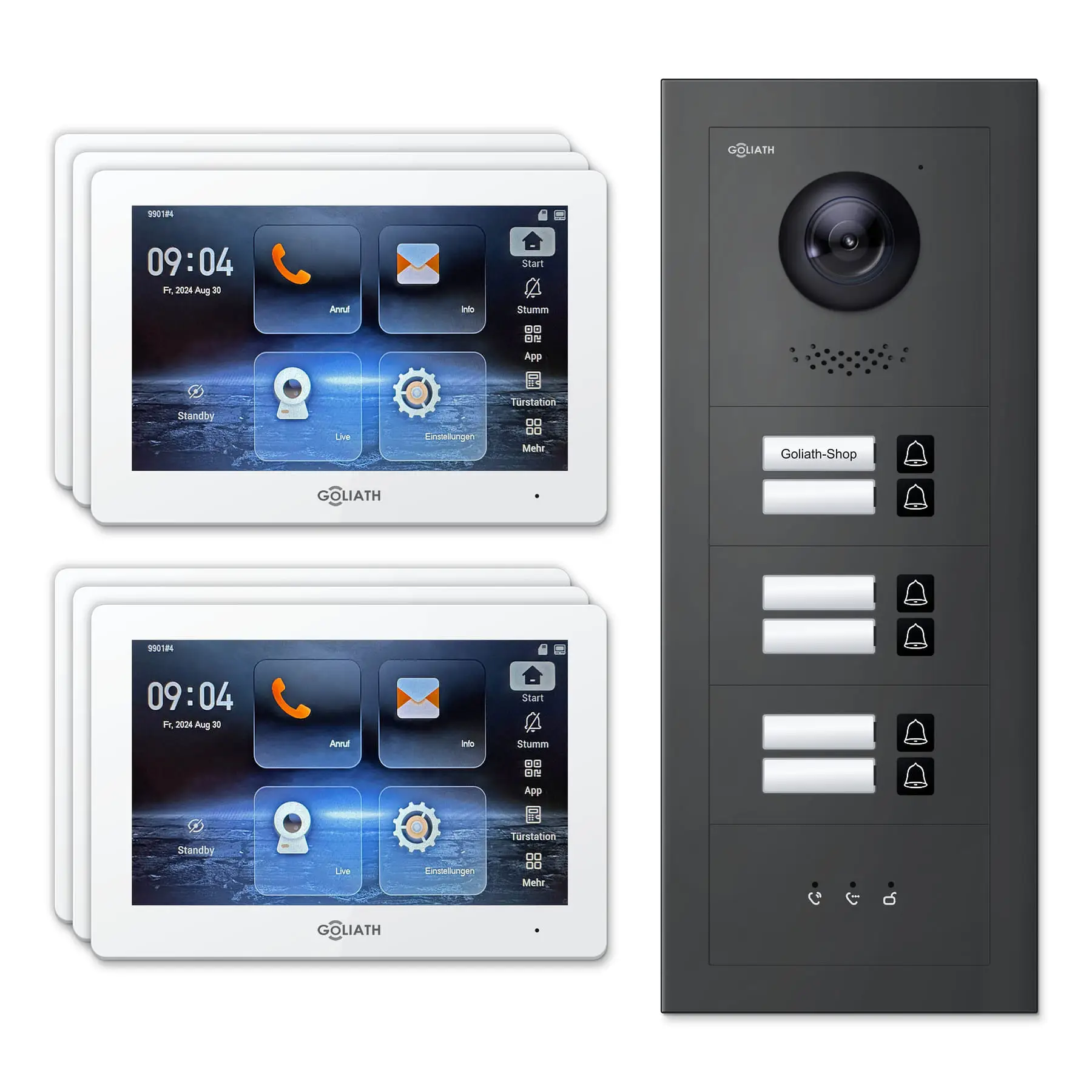 Goliath Video Türsprechanlage GL-IPH605A für 6-Familienhaus: 6 Monitore mit 7 Zoll in Weiß, Außenstation in Anthrazit mit 6 Klingeltasten sowie Statusanzeige. Set für Unterputzmontage.
