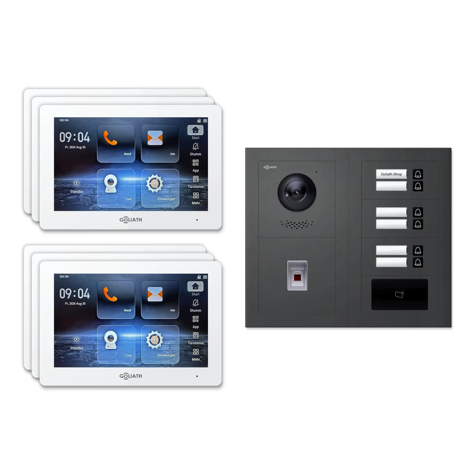 Goliath Video Türsprechanlage GL-IPH645A für 6-Familienhaus: 6 Monitore mit 7 Zoll in Weiß, Außenstation in Anthrazit mit 6 Klingeltasten sowie RFID, Fingerprint. Set für Unterputzmontage.