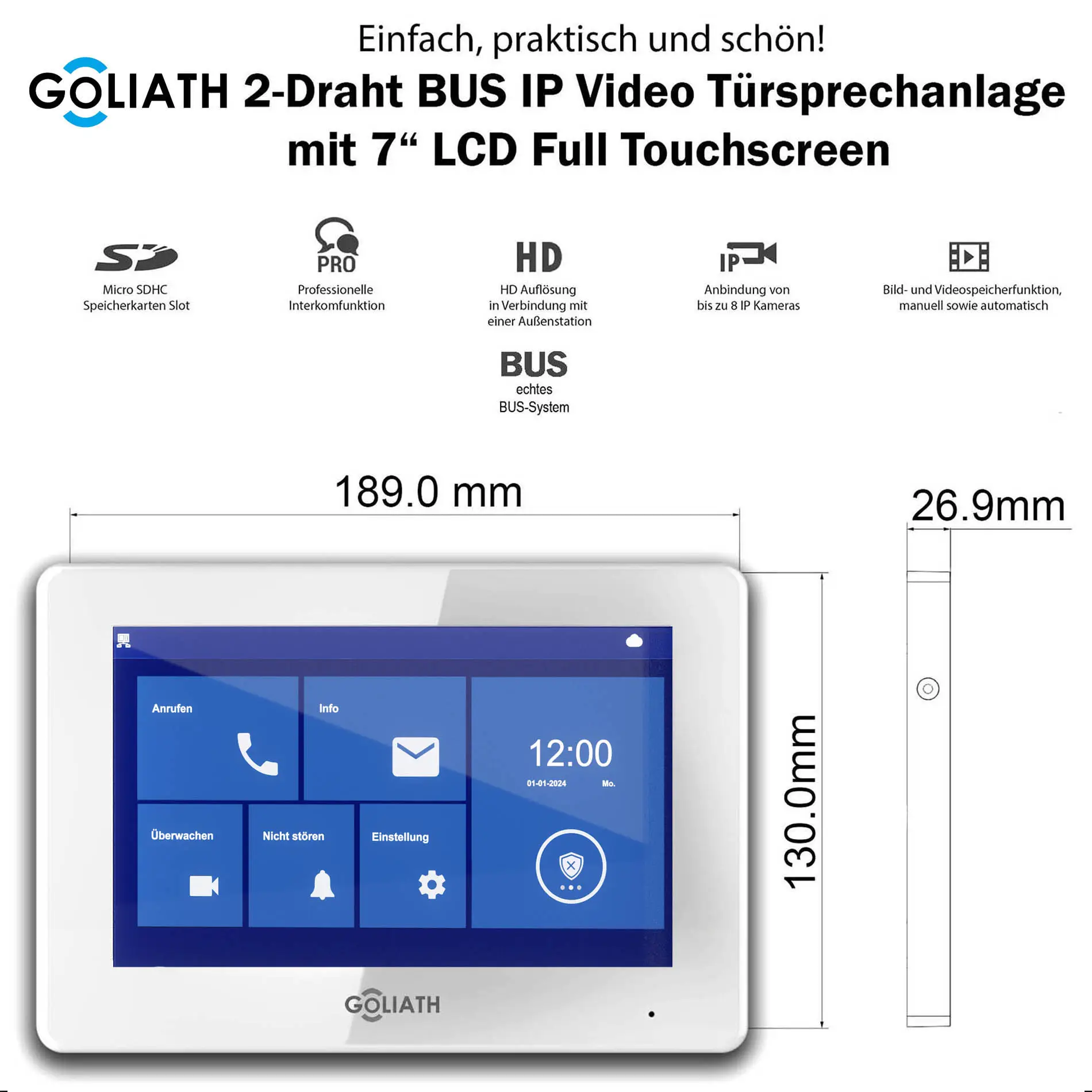 Goliath Basic Line 7-Zoll-Monitor in Weiß für Video-Türklingeln