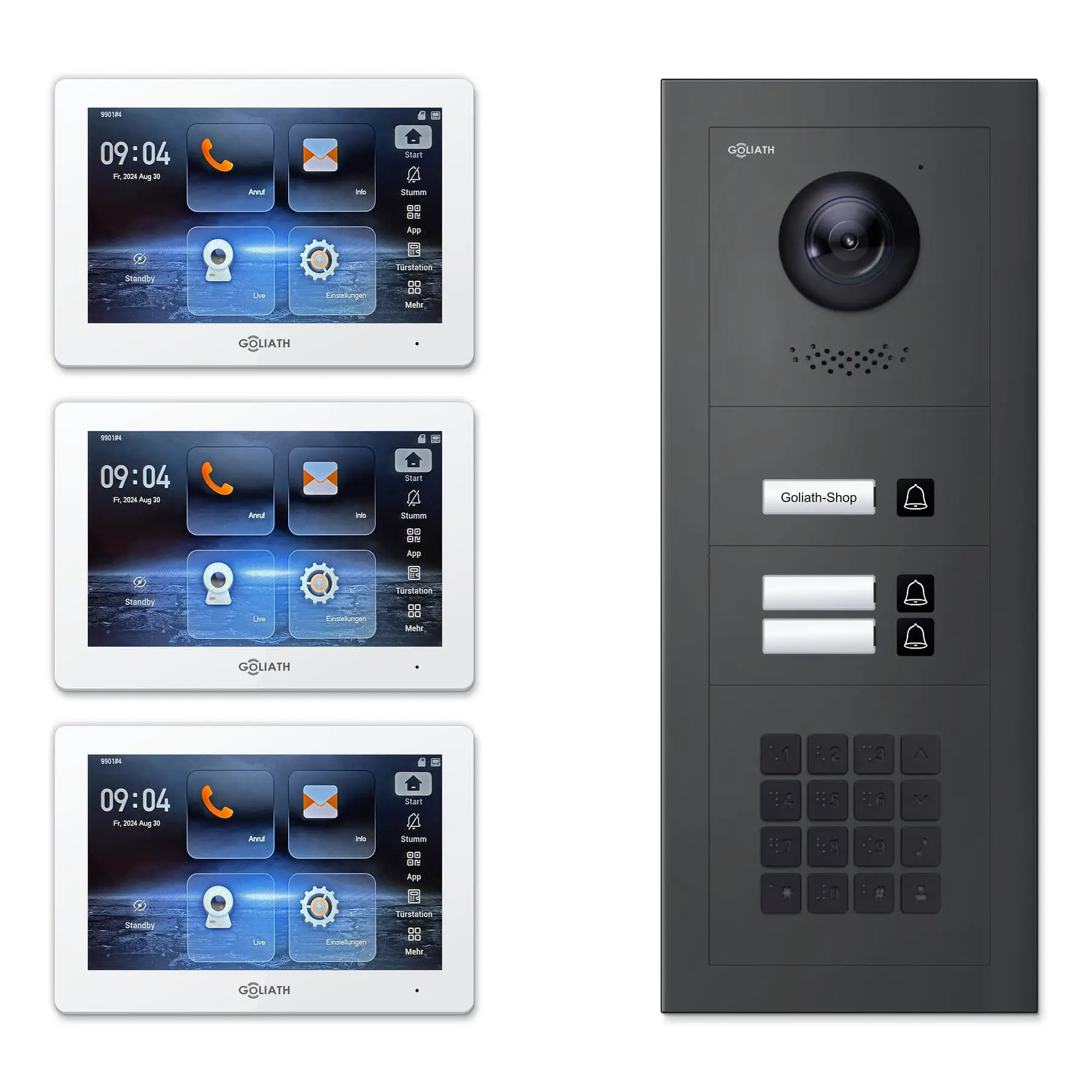 Goliath Video Türsprechanlage GL-IPH325A für 3-Familienhaus: 3 Monitore mit 7 Zoll in Weiß, Außenstation in Anthrazit mit 3 Klingeltasten sowie Zahlencode. Set für Unterputzmontage.