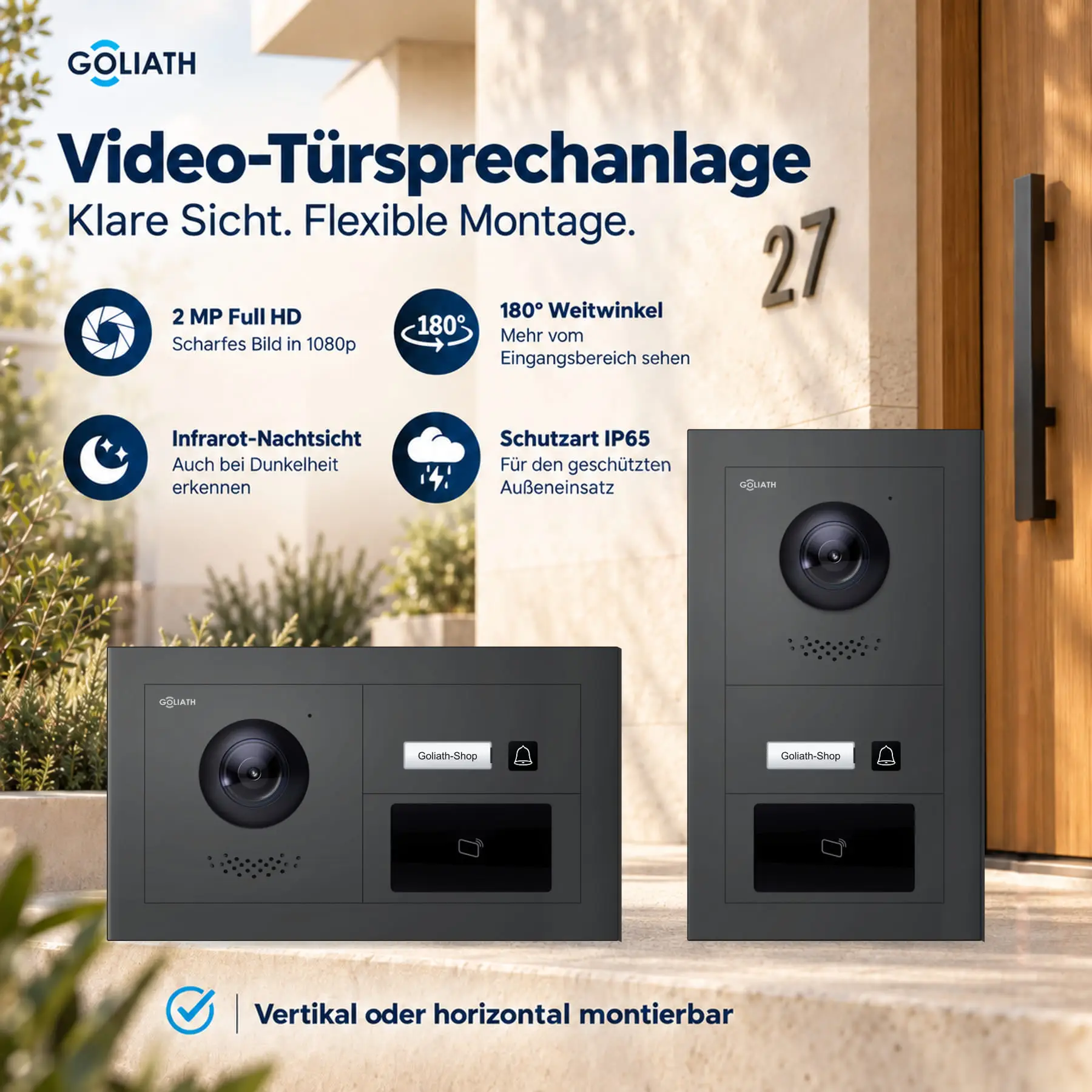 Goliath Premium-Line-Außenstation in Anthrazit mit Kamera, 1 Klingeltaste und RFID-Leser. Senkrechte und waagerechte Anordnung auf Naturstein.
